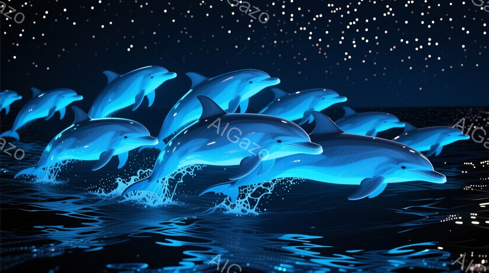深く濃い青色の海の中で、光り輝くイルカたちが躍動している様子が描かれています。イルカたちは波しぶきを上げながら、一列に並んで力強く跳躍し、まるで夜空の星々を映し出しているかのようです。背景は暗く、波の - AI生成フリー素材