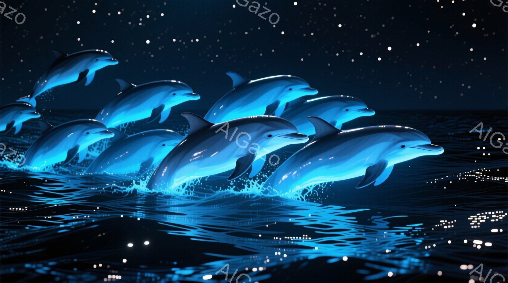 鮮やかな青色のイルカたちが、夜の海面から躍動的に飛び出している様子が描かれています。波紋がイルカたちの周りに広がり、まるで星屑のような光点が海面に散りばめられています。全体的に幻想的で、夜の静けさの中に生命の躍動が感じられる神秘的な光景です。