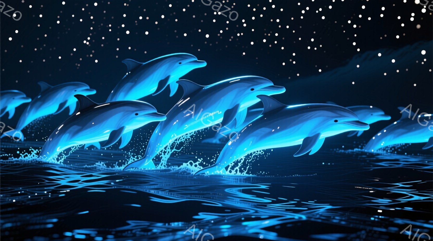 深い青色の水面からイルカたちが躍動的に飛び出している様子が描かれています。イルカたちは流線型の美しいフォルムで、水しぶきを上げながら活発に動き、生き生きとした表情を浮かべています。背景は暗く、星のような光点が散りばめられており、幻想的で神秘的な雰囲気を醸し出しています。