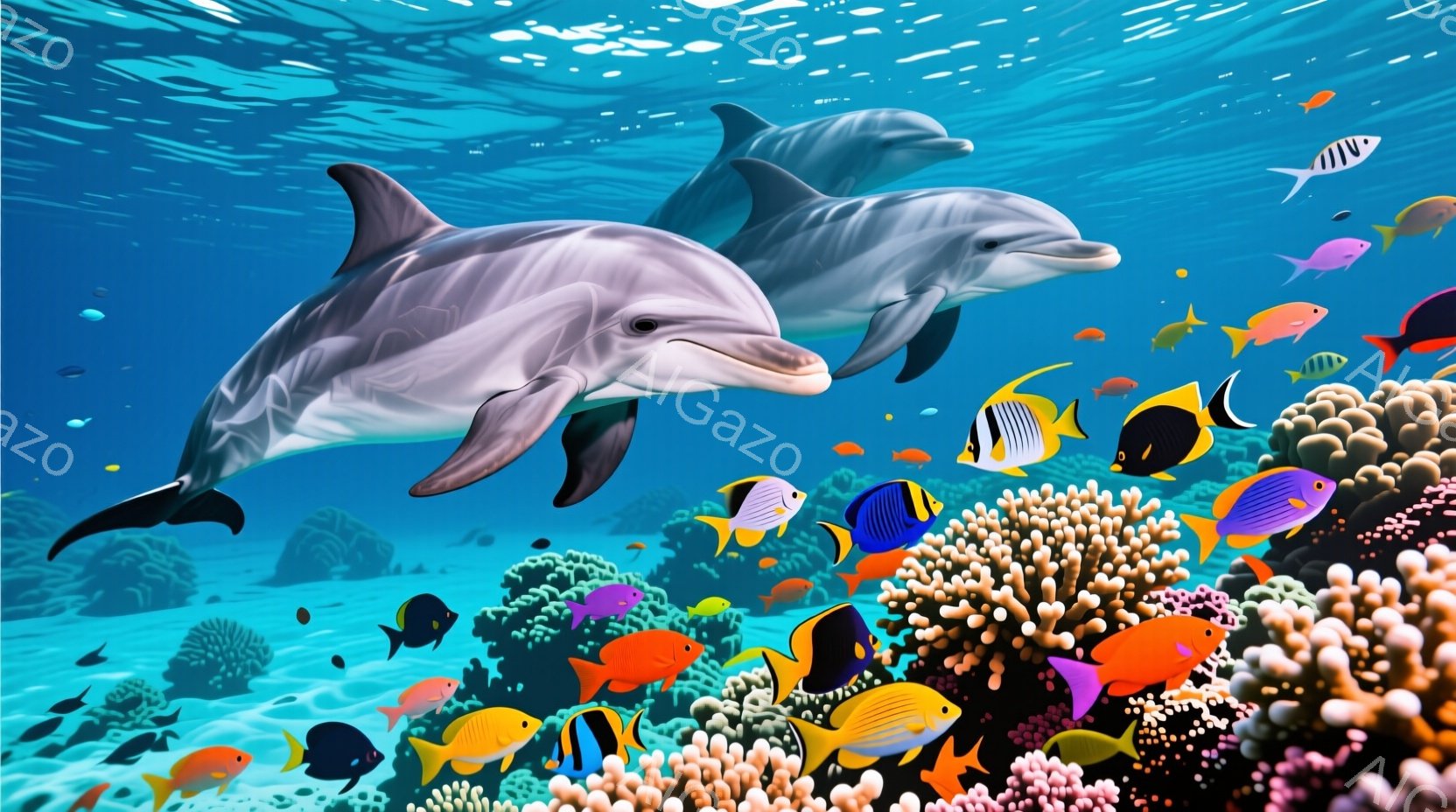 鮮やかな青色の海中を舞台としており、2匹のイルカが優雅に泳いでいる様子が描かれています。背景には、カラフルなサンゴ礁や様々な種類の熱帯魚が密集し、生命力に満ち溢れた光景が広がっています。全体的に明るく - AI生成フリー素材
