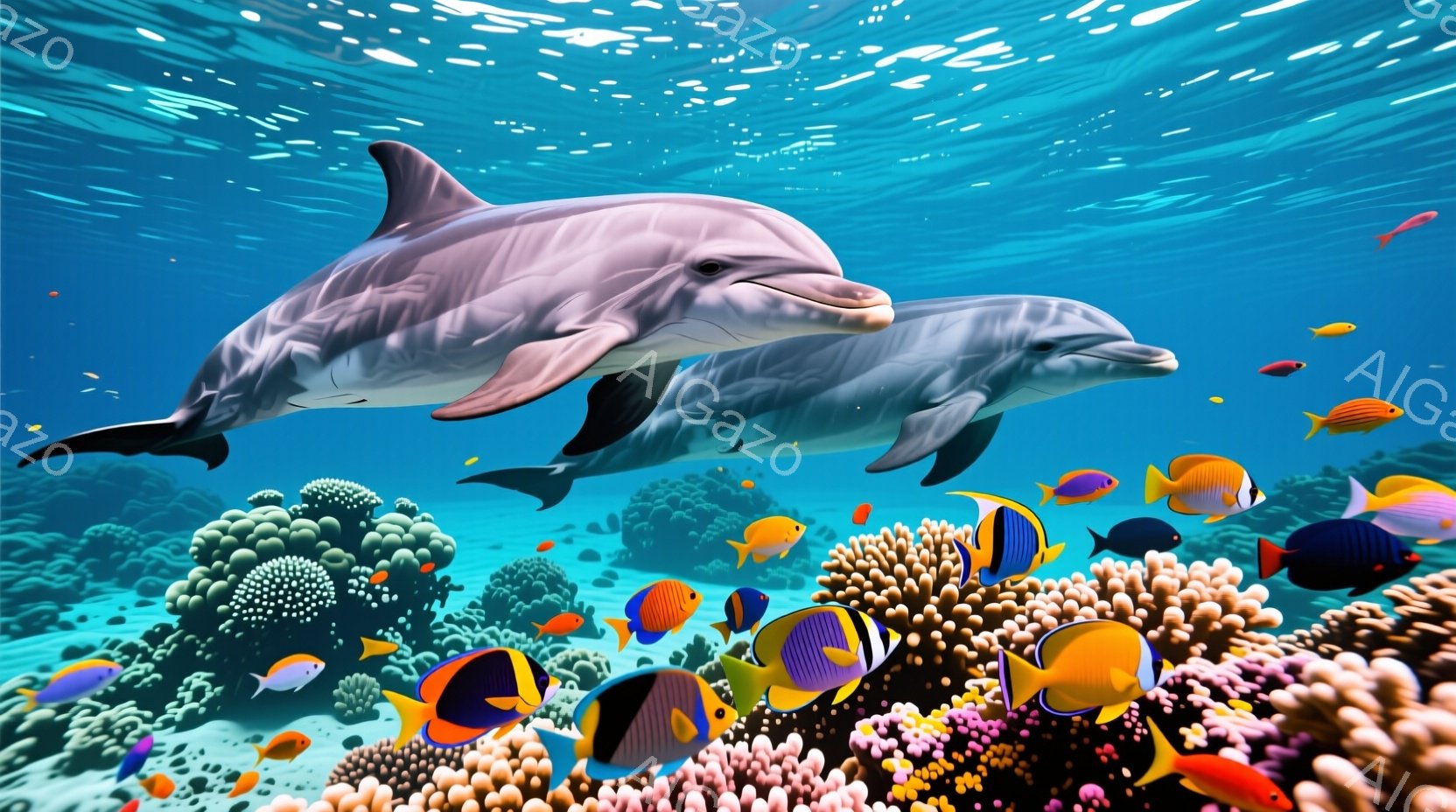 鮮やかな青い海中を2匹のイルカが泳いでいる様子を描いています。周囲にはカラフルな熱帯魚や珊瑚礁が広がり、生命力にあふれた水中世界を表現しています。光が差し込み、水面にきらめきが生まれ、穏やかで美しい雰囲気が漂います。