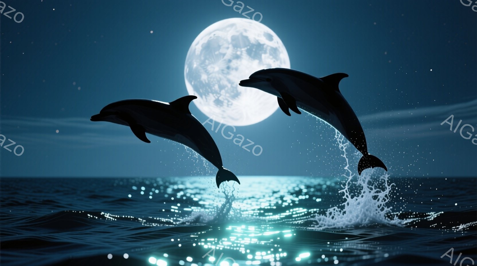 深い青色の海面から2匹のイルカが跳躍している様子が捉えられています。満月が海面から高く輝き、波面には月の光が反射して煌めき、幻想的な光景を作り出しています。夜空には星が散りばめられ、静寂で神秘的な雰囲気が漂っています。