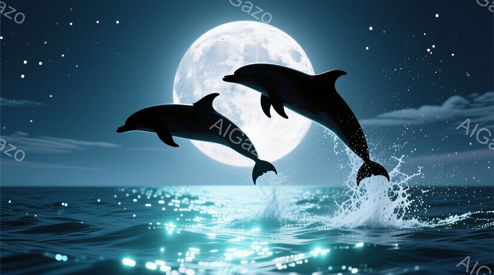 深夜の海で、2匹のイルカが月明かりの下でダイナミックに飛び跳ねている様子が描かれています。イルカは水しぶきを上げながら躍動感あふれる姿勢を見せ、周囲の海面は幻想的な光で照らされています。満月の光と波の輝きが合わさり、神秘的で静謐な雰囲気を醸し出しています。