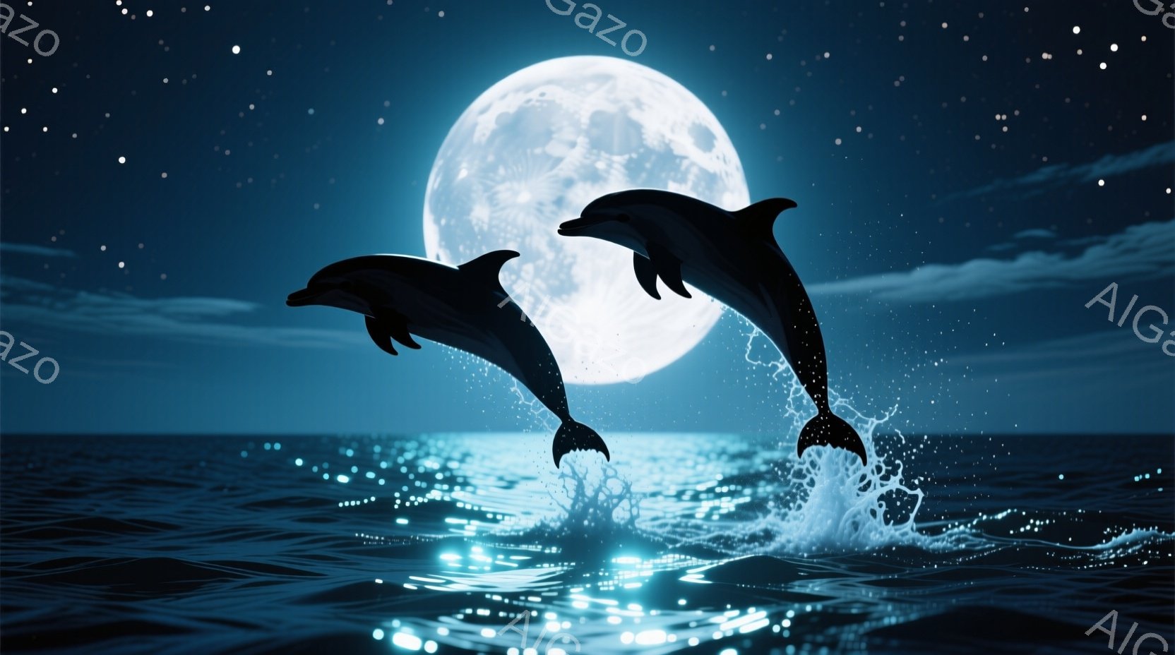 深い青色の海の中で、二匹のイルカが水面から跳ね上がっている様子が描かれています。満月が輝く夜空と、水面に反射する月の光が幻想的な雰囲気を醸し出しており、水しぶきが躍動感を加えています。全体として、静か - AI生成フリー素材