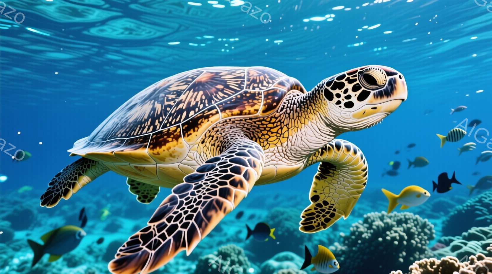 海に浮かぶ海豹が穏やかに泳いでおり、周りの水中に魚たちが見るように翼を広げ、息を取らず、美しいカリブ海の景色に向けて進んでいます。