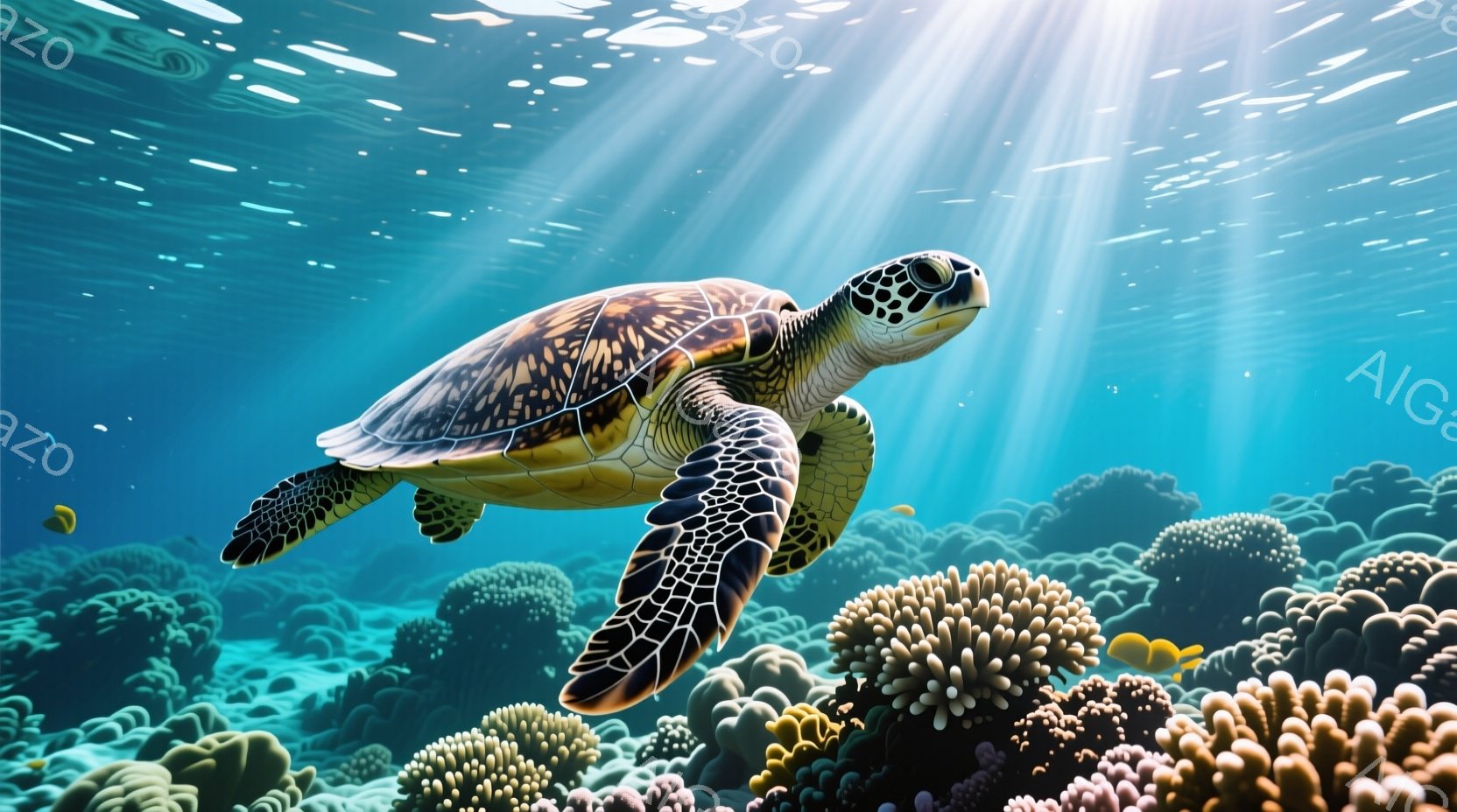 鮮やかな青い海の中で、優雅に泳ぐウミガメを描いています。カメの甲羅は複雑な模様で覆われ、日光が差し込む海中を力強く進んでいます。背景には、色とりどりのサンゴ礁が広がり、穏やかで神秘的な雰囲気を醸し出しています。