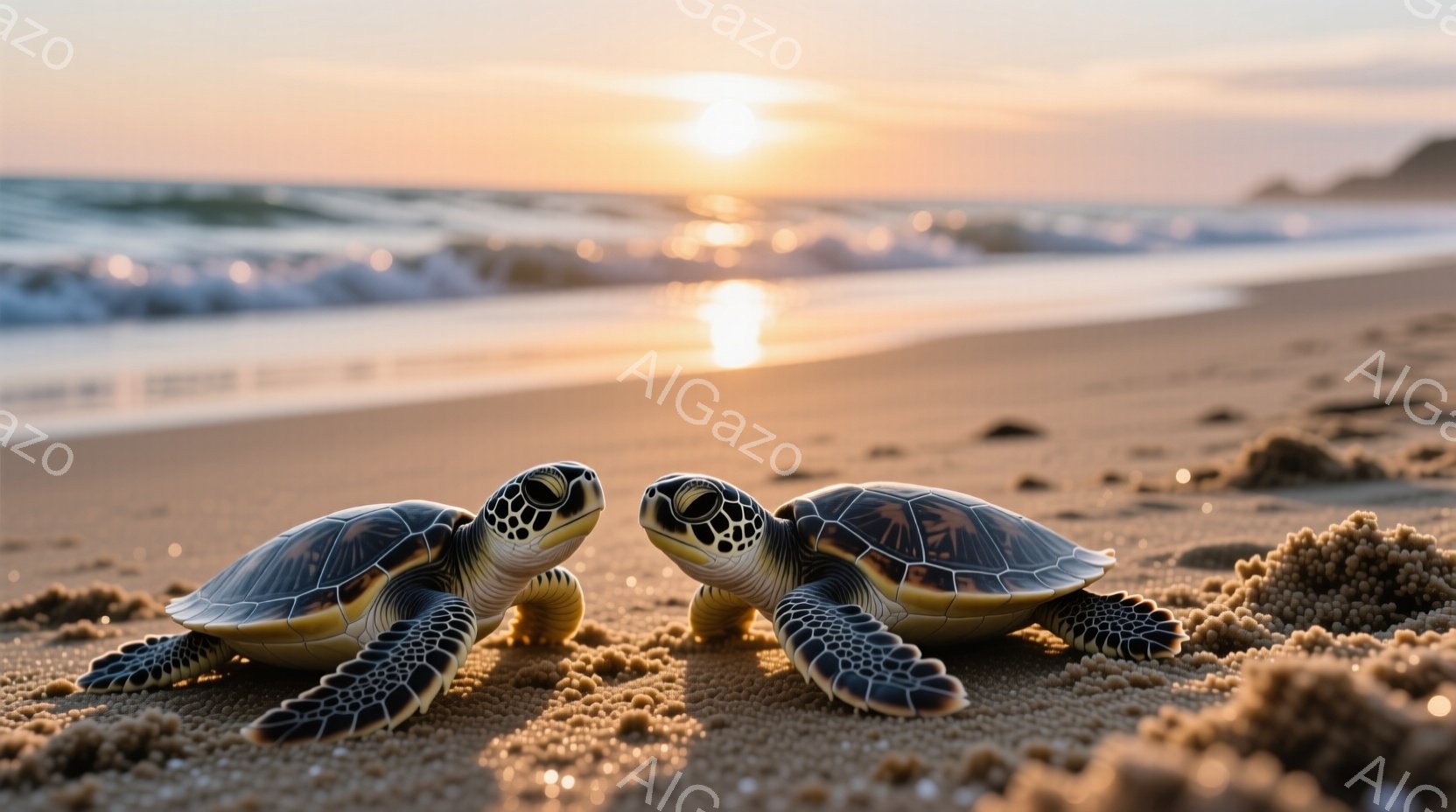 砂浜に2匹の幼いウミガメが並んでおり、互いに顔を寄せ合っています。背景には穏やかな海と夕焼けが広がり、温かいオレンジ色の光が砂浜を照らしています。幼いウミガメたちの愛らしい表情と夕焼けの優しい光が、平 - AI生成フリー素材