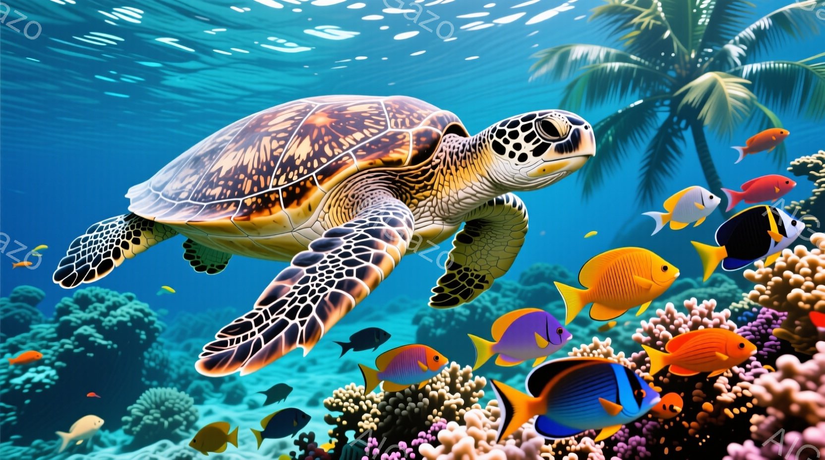 大きなウミガメが鮮やかな珊瑚礁の中を優雅に泳いでいる様子が描かれている。周囲には、黄色、青、オレンジ色など、様々な色の熱帯魚たちが群れをなしており、生き生きとした海中の世界を表現している。背景には、太陽の光が差し込む水面と、ヤシの木が見え、穏やかで平和な雰囲気を醸し出している。