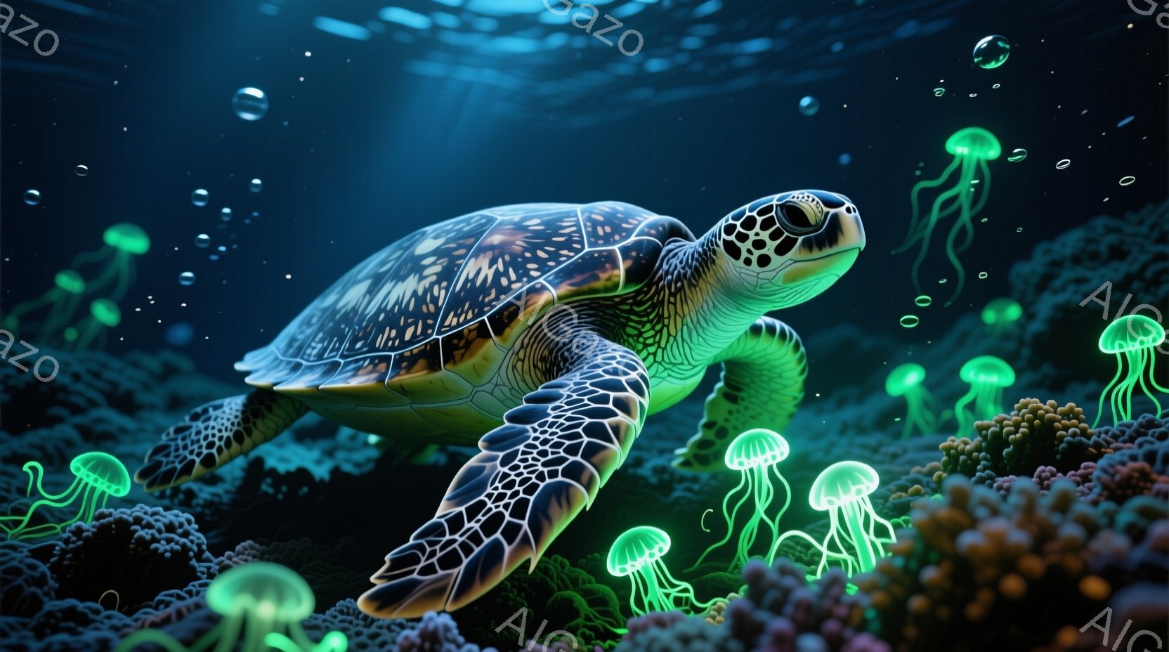 深い青色の海中には、模様の美しいウミガメが優雅に泳いでいる。鮮やかな緑色のクラゲやカラフルなサンゴ礁が周囲を彩り、まるで幻想的な水中世界を表現している。水中に漂う泡が、この静かで神秘的な雰囲気をさらに高めている。