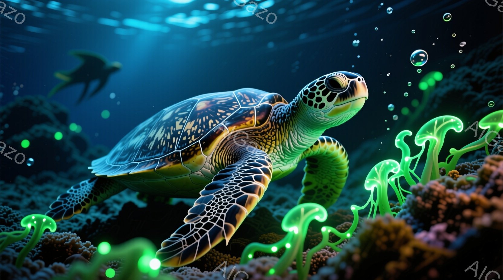 鮮やかな緑色の珊瑚礁の間を泳ぐウミガメを描いています。カメの甲羅は複雑な模様で覆われ、体は流線型で優雅に水中を滑っています。背景は暗く、光る珊瑚や泡が幻想的な雰囲気を醸し出しています。 - AI生成フリー素材