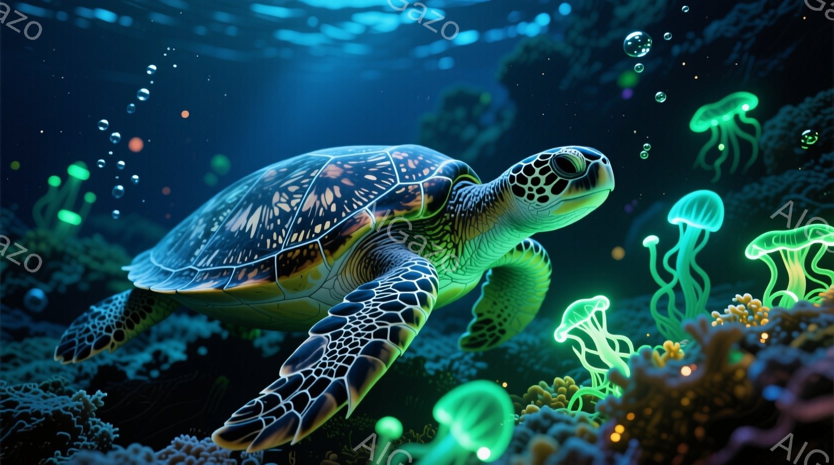 光るサンゴ礁とクラゲの間を優雅に泳ぐウミガメが描かれています。緑と茶色の美しい甲羅を持ち、穏やかな表情でこちらを見ているようです。背景には、緑色に光るサンゴやクラゲが漂い、幻想的な水中世界を演出しています。