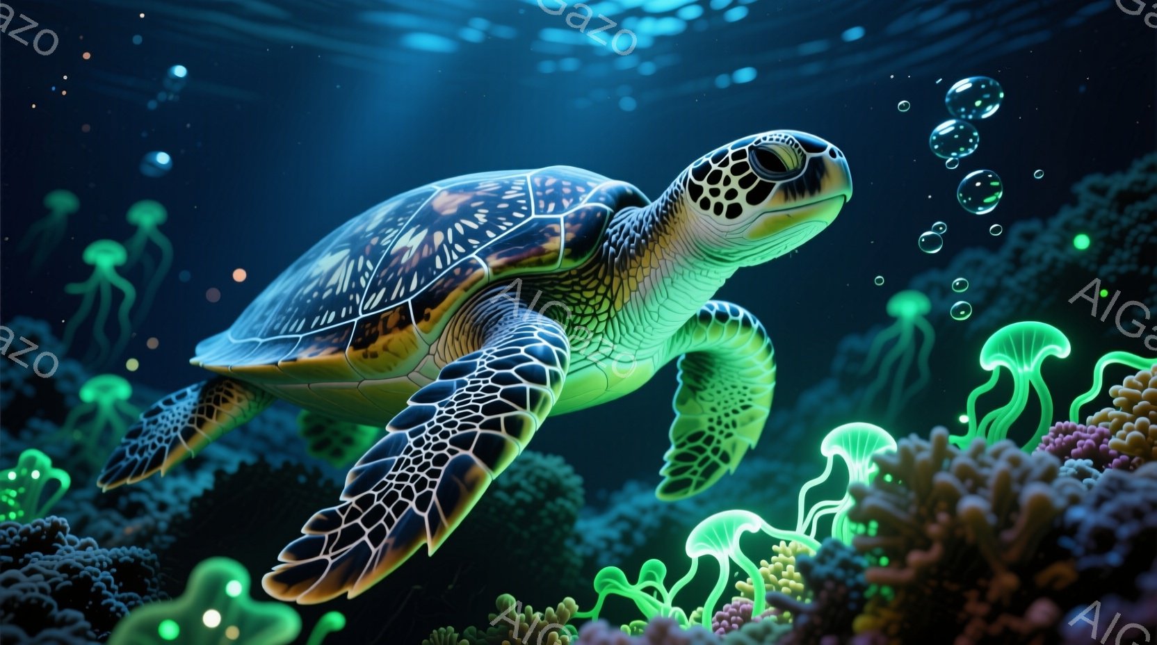 深い青色の海中を、美しい甲羅を持つウミガメが優雅に泳いでいる。鮮やかな緑色のサンゴ礁が周囲に広がり、ぼんやりとした蛍光色のクラゲや泡が幻想的な雰囲気を醸し出している。 全体的に神秘的で穏やかな、深海の静けさを感じさせる光景だ。
