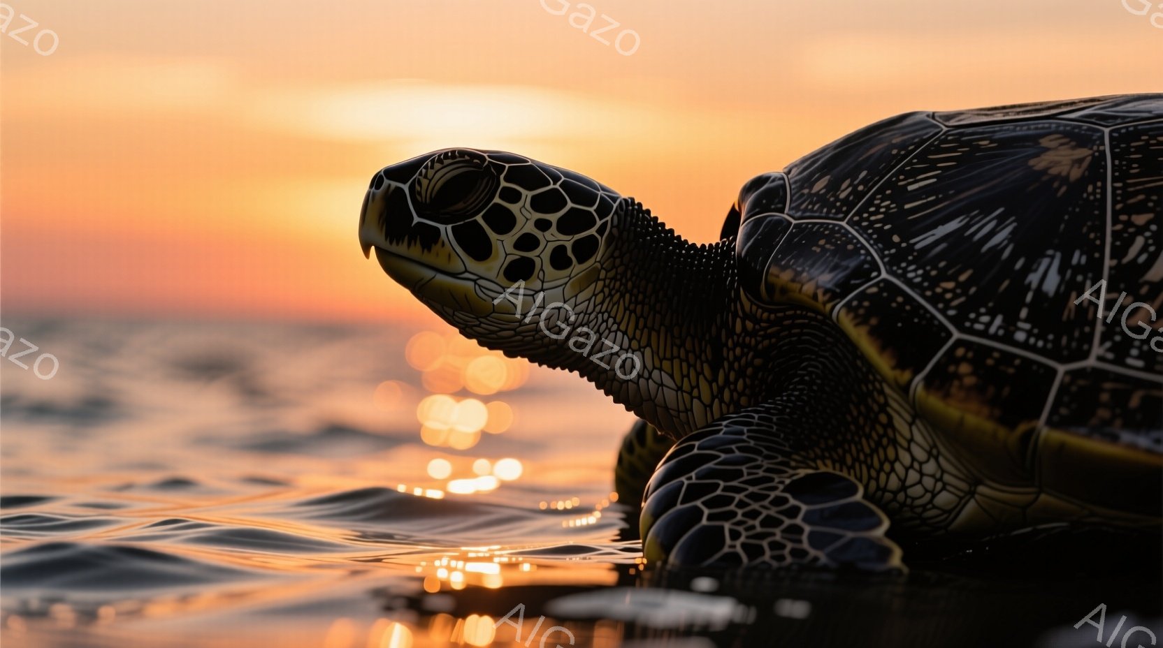 海面近くを泳ぐウミガメのクローズアップ写真です。夕焼けの光が水面に反射し、金色に輝く波とウミガメの甲羅を照らしています。穏やかで幻想的な雰囲気で、夕暮れ時の静けさを感じさせます。 - AI生成フリー素材