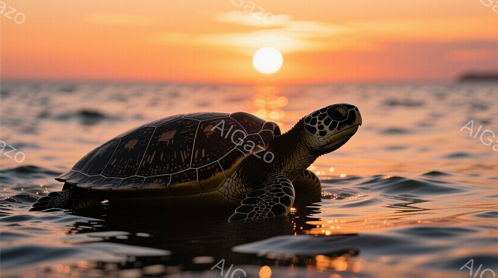 海面を漂うカメが写っている。夕焼け空の下、波紋が広がる海で、カメは前方に視線を向け、静かに泳いでいるように見える。背景には燃えるような夕焼けと、ぼんやりと地平線が見え、穏やかで幻想的な雰囲気を醸し出し - AI生成フリー素材