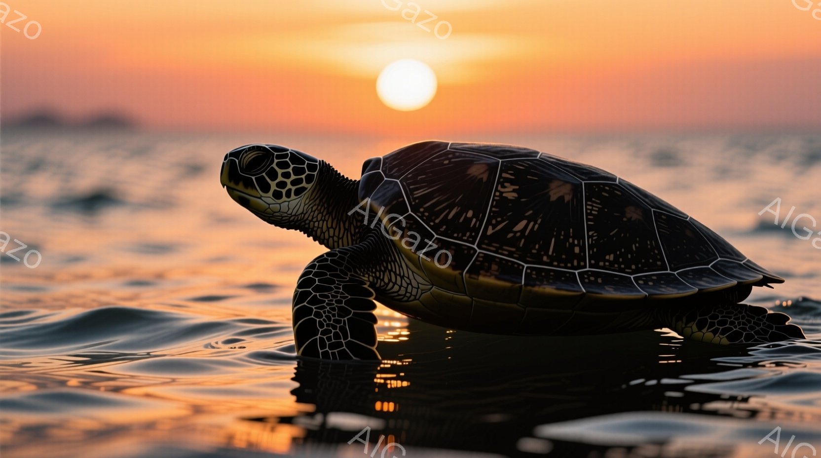 深い緑と黒の模様が美しいウミガメが、穏やかな波の上をゆっくりと泳いでいる。背景には燃えるような夕焼けが広がり、海面には夕焼けが反射してキラキラと輝いている。静かで平和な、自然の美しさを感じさせる光景だ - AI生成フリー素材