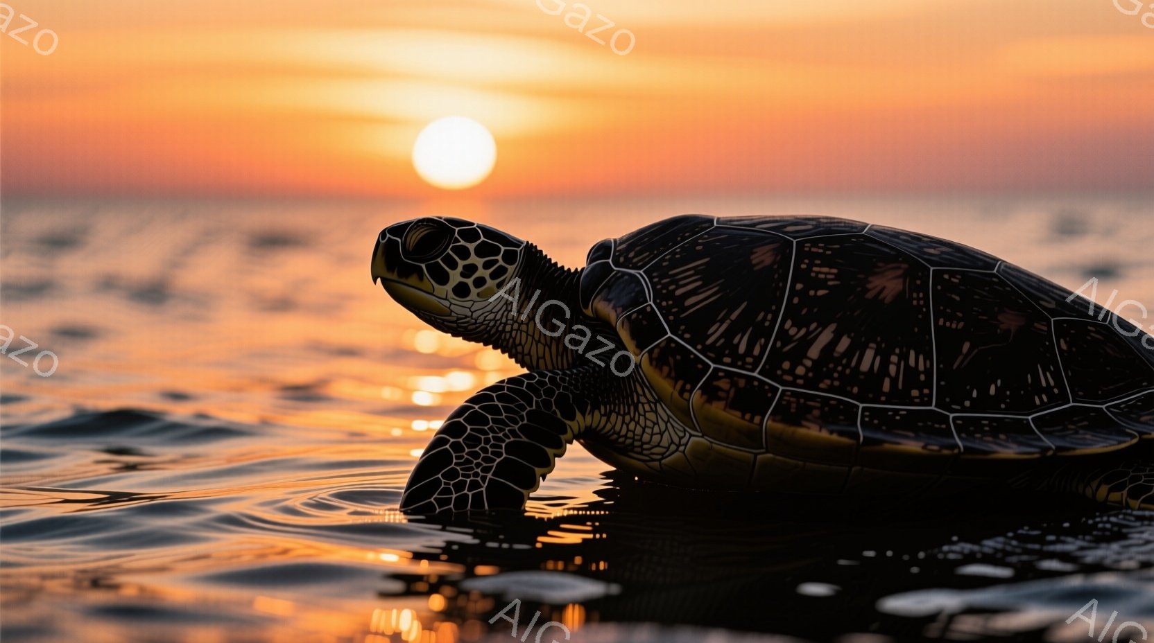 海面を泳ぐウミガメが写っている。夕焼けの光が水面に反射し、波が金色に輝いている。ウミガメはリラックスした様子で、静かな海の中を優雅に泳いでいる。