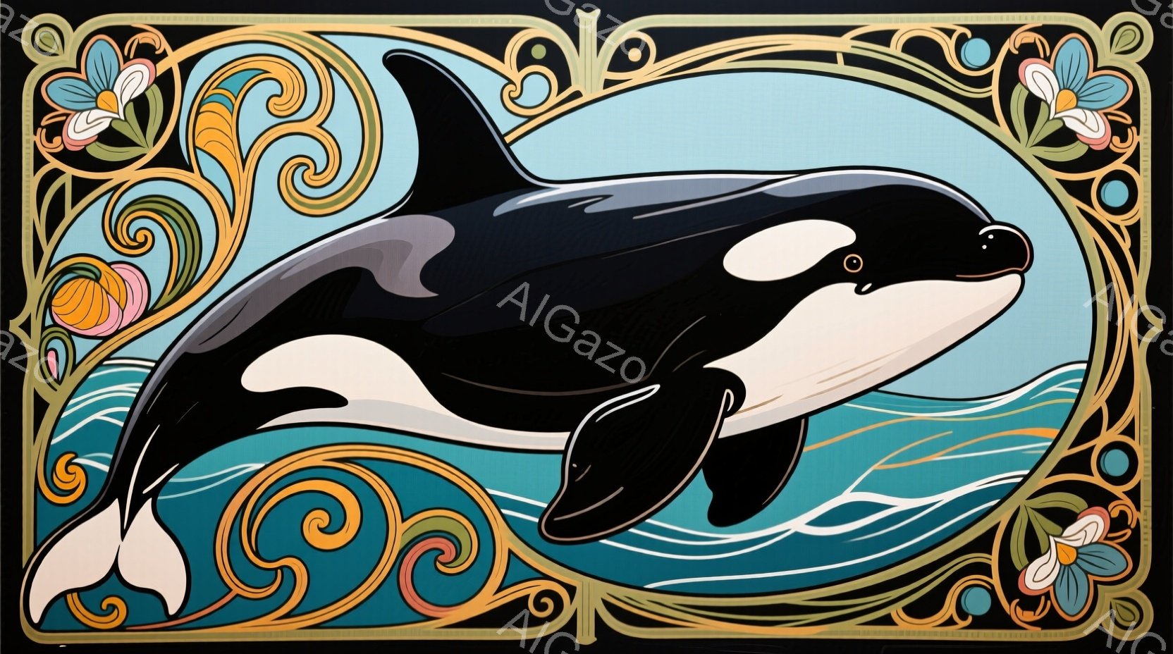 鮮やかなターコイズブルーの背景に、白と黒のシャチが描かれています。シャチは優雅に水中を泳いでおり、その周りには装飾的な曲線と花が配置され、アールヌーボー様式を彷彿とさせるデザインです。全体的に、静かで美しい海の世界を表現した、洗練された雰囲気のイラストレーションです。