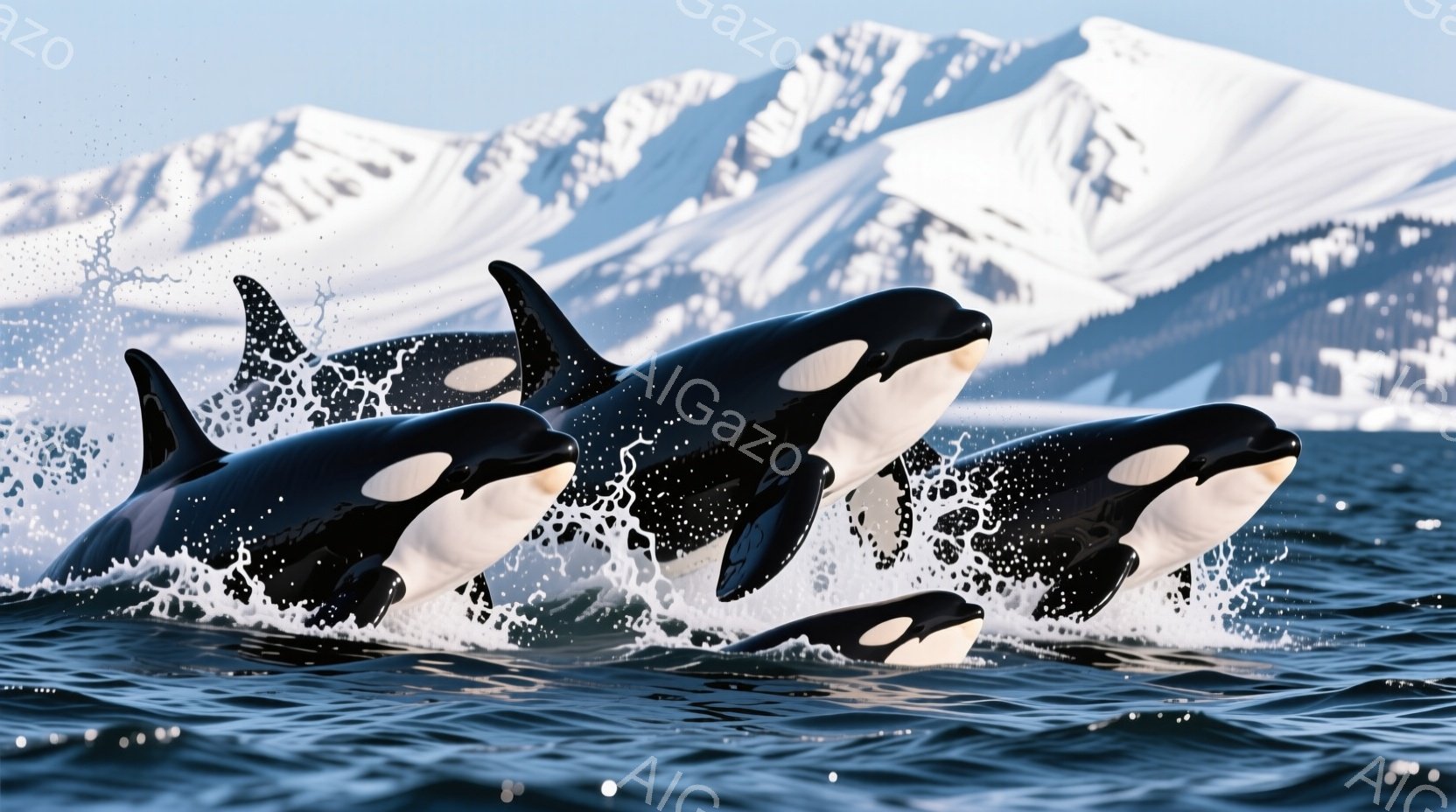 鮮やかな青い海に、複数のシャチがダイナミックに飛び出している様子が捉えられています。シャチは黒と白のコントラストが強く、躍動感あふれる姿勢で水を蹴り上げ、波しぶきを上げています。背景には雪を頂いた山々が広がり、冷たく美しい自然の風景とシャチの力強さが組み合わさった、壮大な雰囲気を醸し出しています。