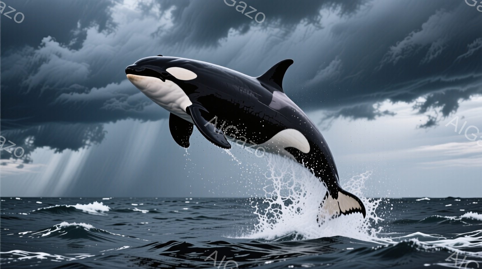 オラコーフィン（鯨）を描いたもので、海上で活発に行動しています。雲がつむいており、大きな波が立ち上る中、オラコーフィンが力強く水を飛ばして進んでいます。絵画のスタイルは写真のようにリアルであり、その鮮 - AI生成フリー素材