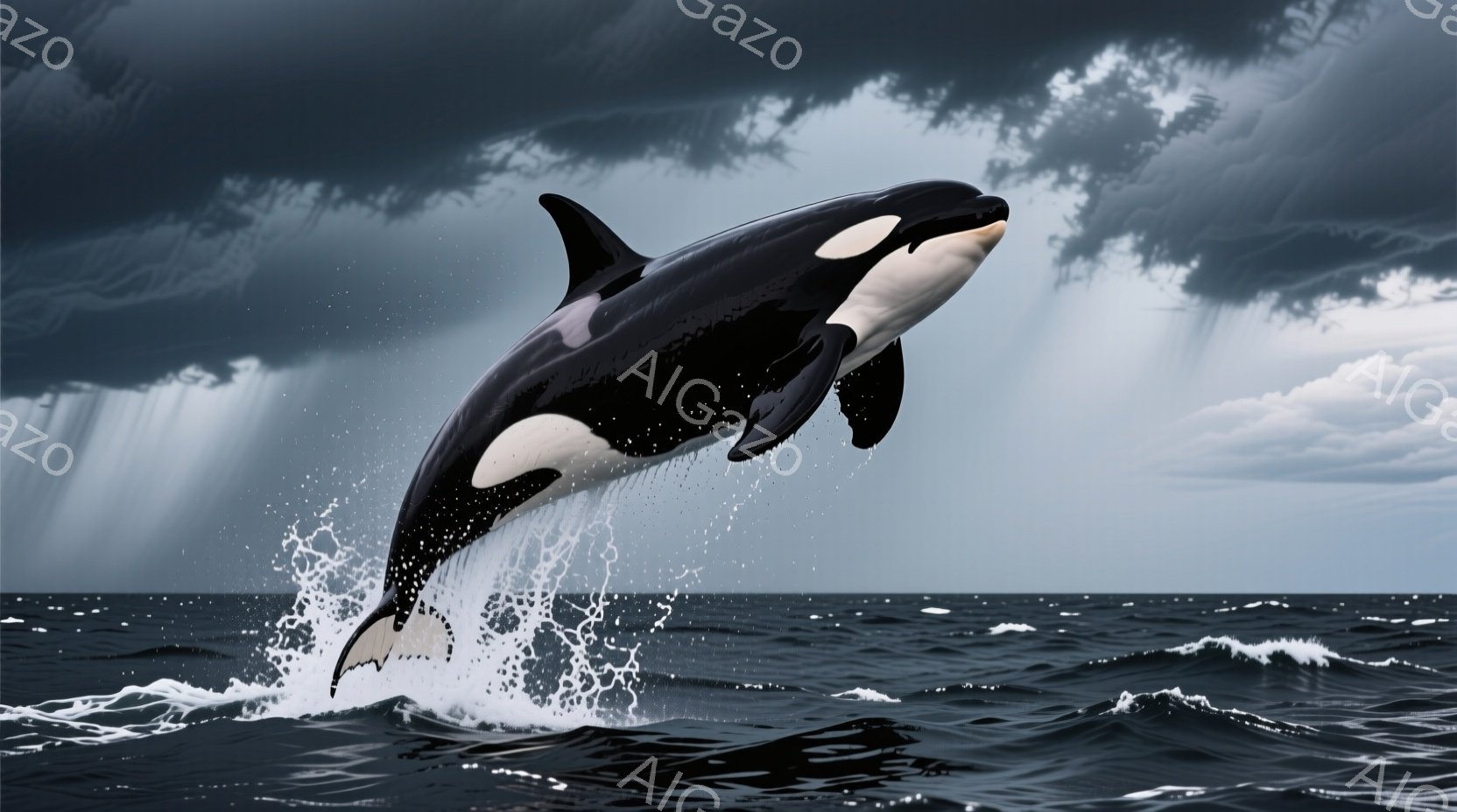 巨大なシャチが荒れ狂う海から飛び出しており、水しぶきが四方八方に飛び散っている。空は暗雲に覆われ、重々しい雰囲気で、激しい嵐を予感させる。 海面は波打ち、力強い自然の脅威を表現している。