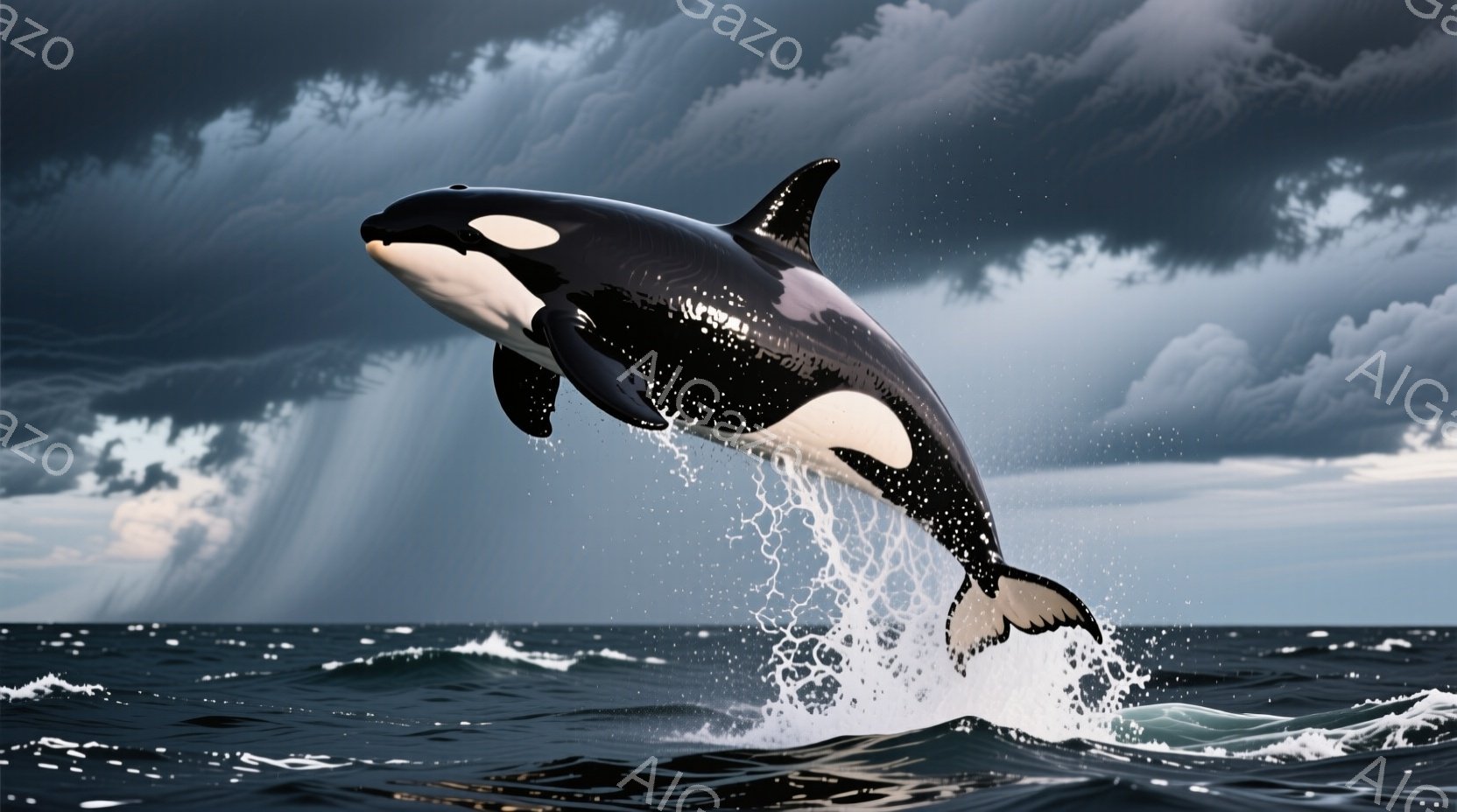 暗い空と荒々しい海の中で、一頭のシャチが海面から大きく飛び出している姿が捉えられています。力強い尾びれと独特の白黒模様が際立ち、水しぶきが躍動感を高めています。背景には重厚な雲が広がり、ドラマチックで - AI生成フリー素材