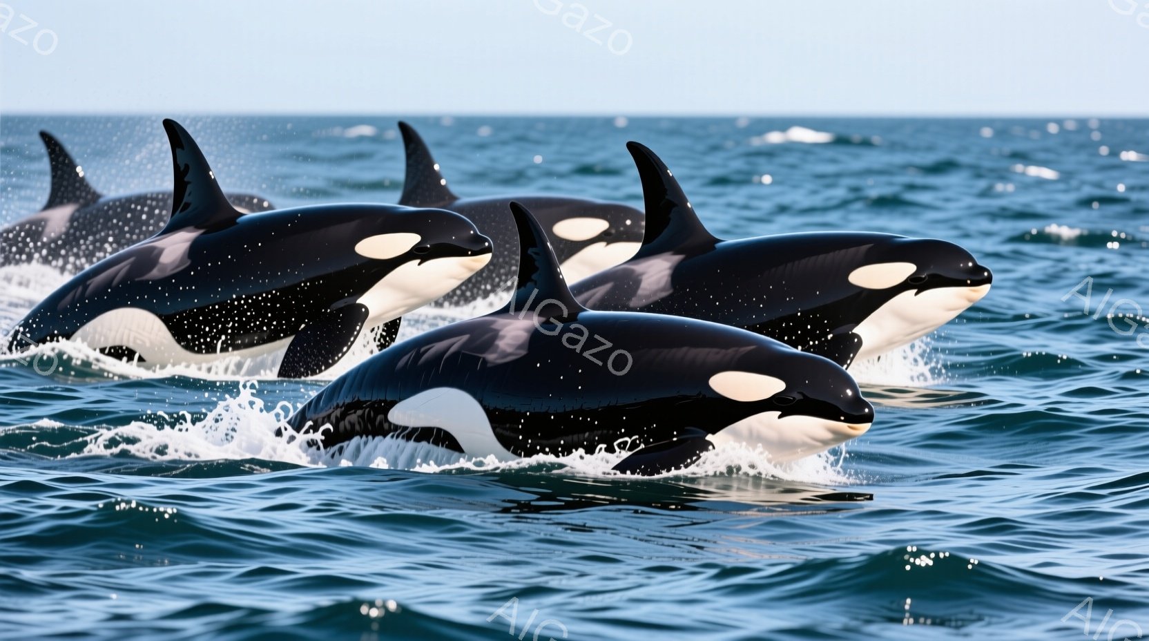 複数のシャチが青い海面を力強く泳いでいる様子が捉えられています。彼らは特徴的な白と黒の模様を持ち、水しぶきを上げながら躍動感あふれる姿を見せています。背景には穏やかな海と霞んだ地平線が広がり、静けさとダイナミズムが共存する雰囲気を醸し出しています。