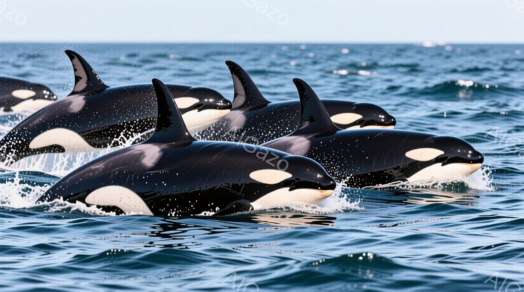 鮮やかな青い海に、複数のシャチが躍動的に泳いでいる様子が捉えられています。黒と白のコントラストが美しいシャチたちは、波しぶきを上げながら力強く海面から姿を現しています。背景には穏やかな海と薄い空が広が - AI生成フリー素材