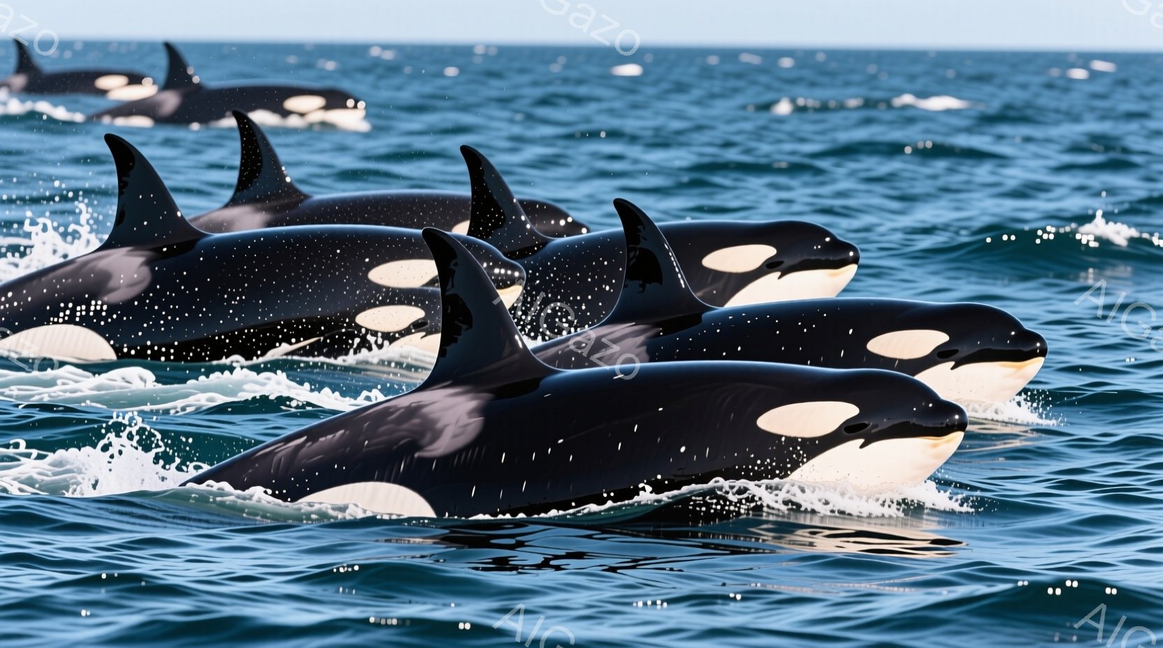 複数のシャチが青い海面を力強く泳いでいる様子が捉えられています。黒と白のコントラストが際立つ体は、波しぶきを上げながら水面から現れ、躍動感に満ちています。穏やかな晴天の下、彼らは自然の中で生き生きと活動しています。