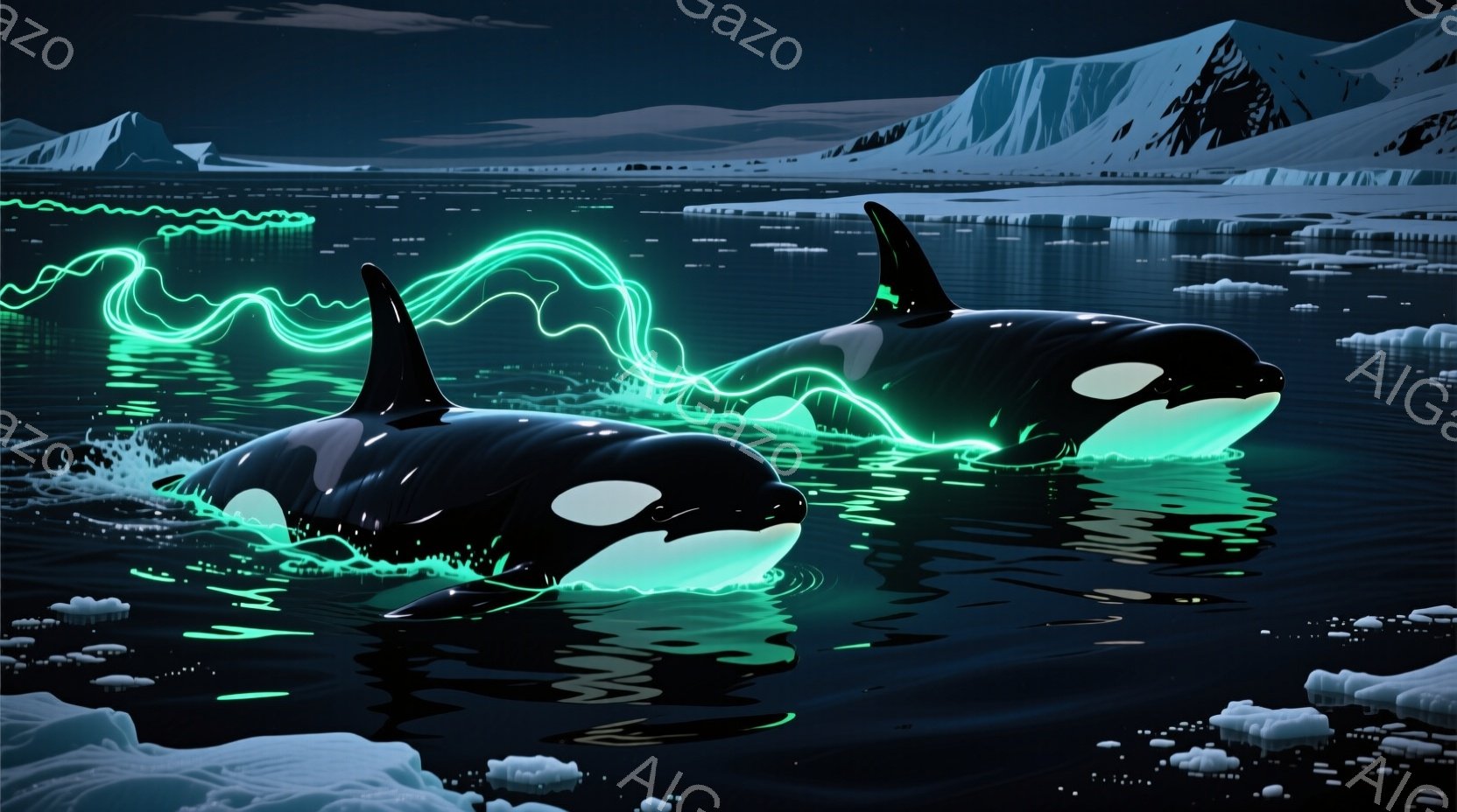 深い藍色の海に、2匹のシャチが躍動している様子が描かれている。シャチの体からは緑色の光の軌跡が流れ出し、水面を照らしている。背景には氷山や氷塊が浮かび、極寒の海の風景を暗示しており、神秘的で幻想的な雰囲気が漂っている。