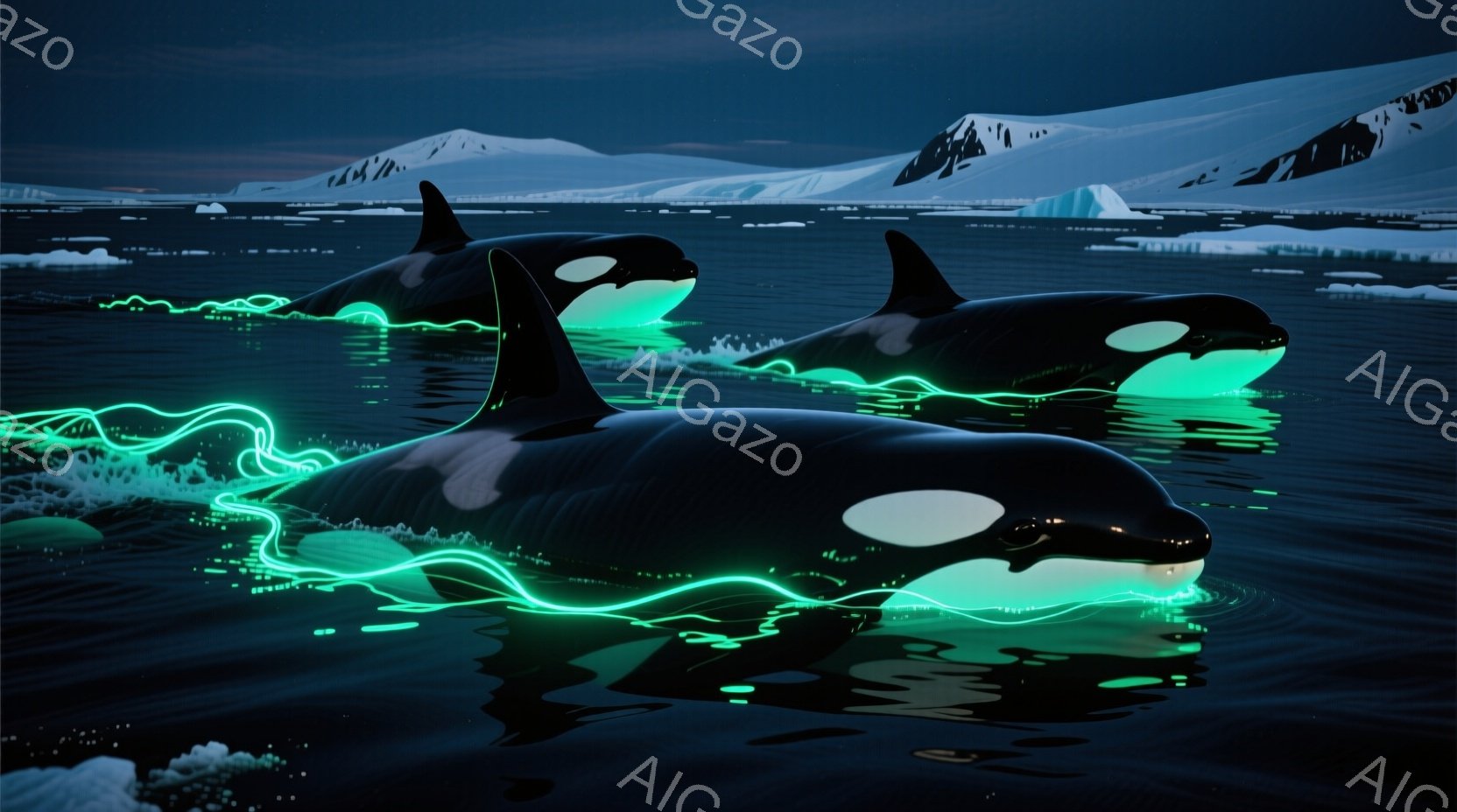 暗い海面を３頭のシャチが泳いでいる様子が描かれている。鮮やかな緑色の光の線が彼らの体から波紋のように広がり、神秘的な雰囲気を醸し出している。背景には、雪を頂いた山々と氷山が広がり、極寒の海を暗示している。