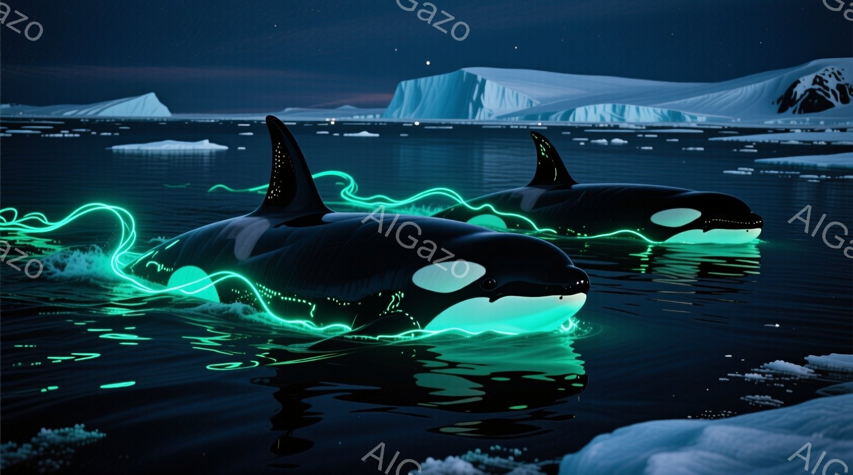 暗い海面を二頭のシャチが泳いでいる様子が描かれている。彼らの体からは緑色の光が発せられ、水面を幻想的に照らしている。背景には氷山が浮かび、極寒の海域での神秘的な雰囲気を醸し出している。