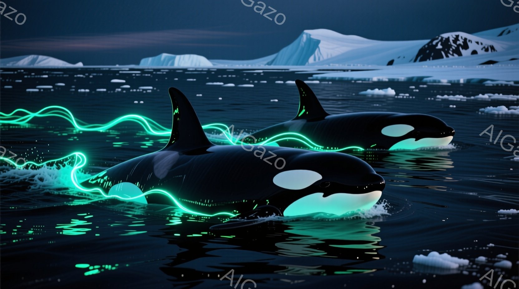 鮮やかな夜の海に、2頭のシャチが躍動的に泳いでいる様子が描かれている。シャチの体は黒く、白く光る模様が特徴的で、尾びれと体からエメラルドグリーンの光の軌跡が広がっている。背景には氷山が浮かび、寒々とした夜の海に、神秘的な雰囲気が漂っている。
