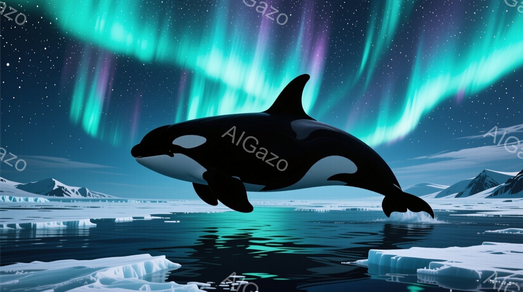 巨大なシャチが氷の海を飛び跳ねている様子が描かれています。背景には、雪をかぶった山々と氷山が浮かび、オーロラが夜空を鮮やかに彩っています。水面にはシャチのシルエットが映り込み、神秘的な雰囲気を醸し出し - AI生成フリー素材