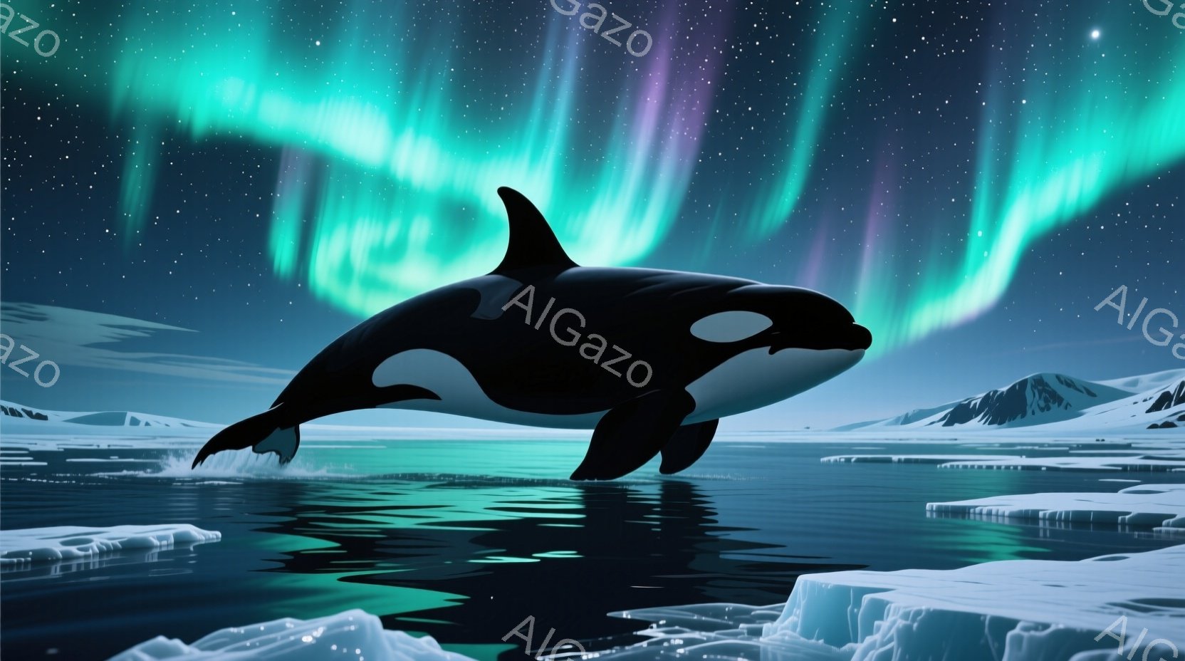 氷の海を力強く泳ぐシャチを描いています。オーロラが夜空を彩り、氷山が水面に浮かび、幻想的な雰囲気を醸し出しています。シャチの黒と白のコントラストが際立ち、水面の反射と相まって、壮大な自然の光景が広がっています。