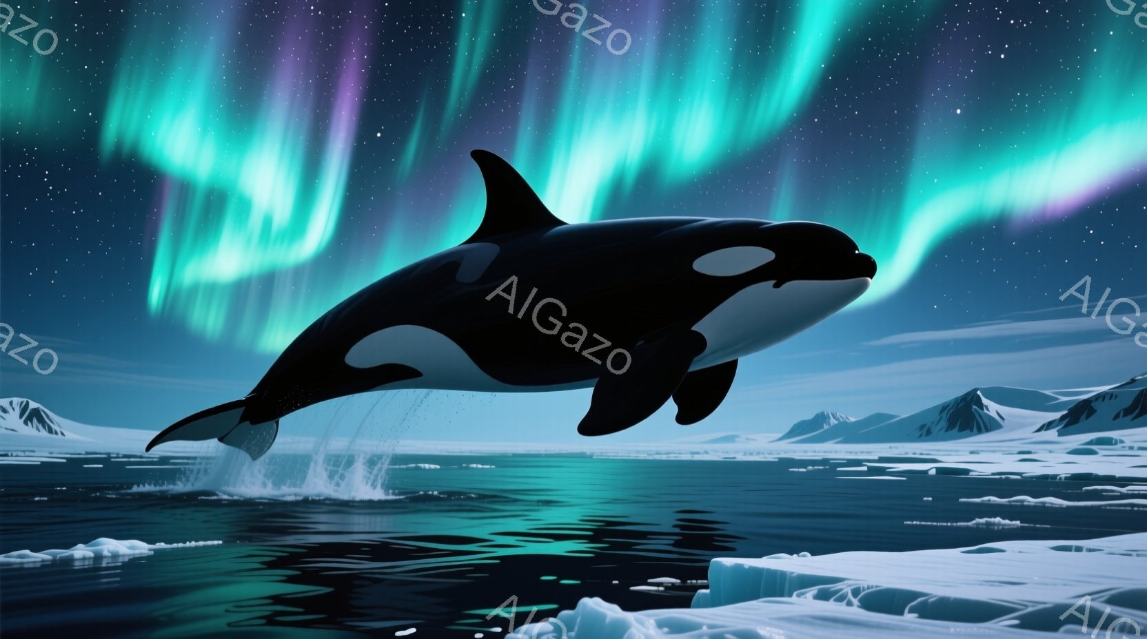 鮮やかなオーロラが夜空を彩る極寒の海で、シャチが水面から躍り出ている様子が描かれています。波しぶきを上げながら力強く跳ねるシャチの姿は、周囲の氷山や暗い海と対照的に躍動感に満ちています。全体的に神秘的で壮大な自然の力を感じさせる、印象的な光景です。