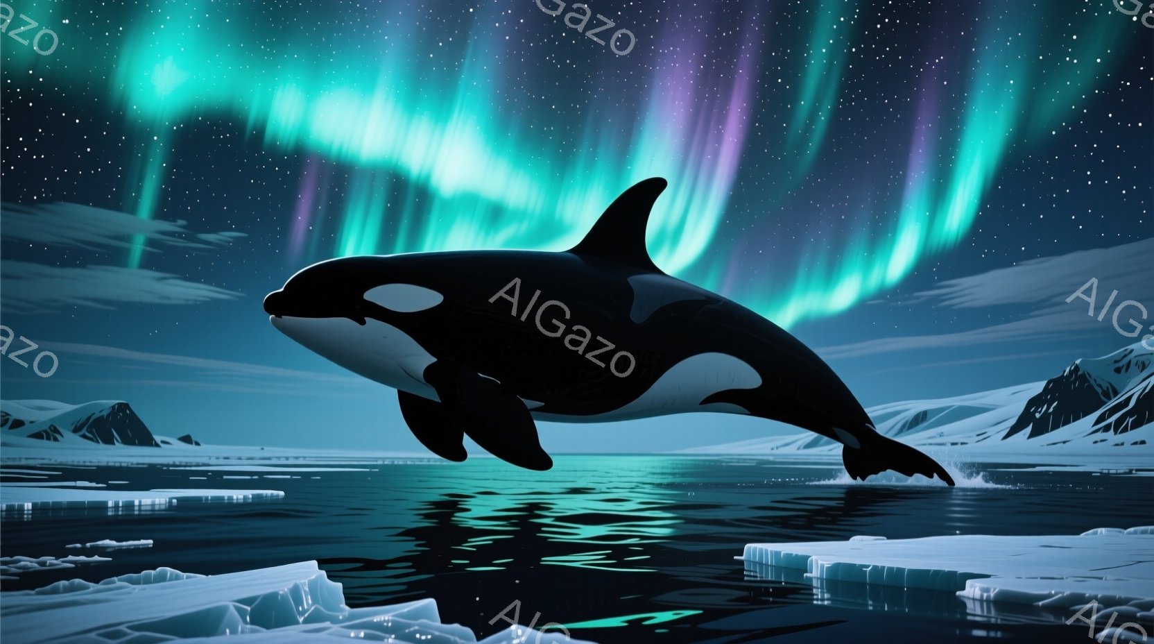 夜空にはオーロラが輝き、氷の海を飛び跳ねるシャチが描かれている。氷山が浮かぶ海面にはシャチの姿が映り込み、水面は光を受けてきらめいている。全体的に神秘的で静寂な雰囲気が漂う、幻想的な光景である。