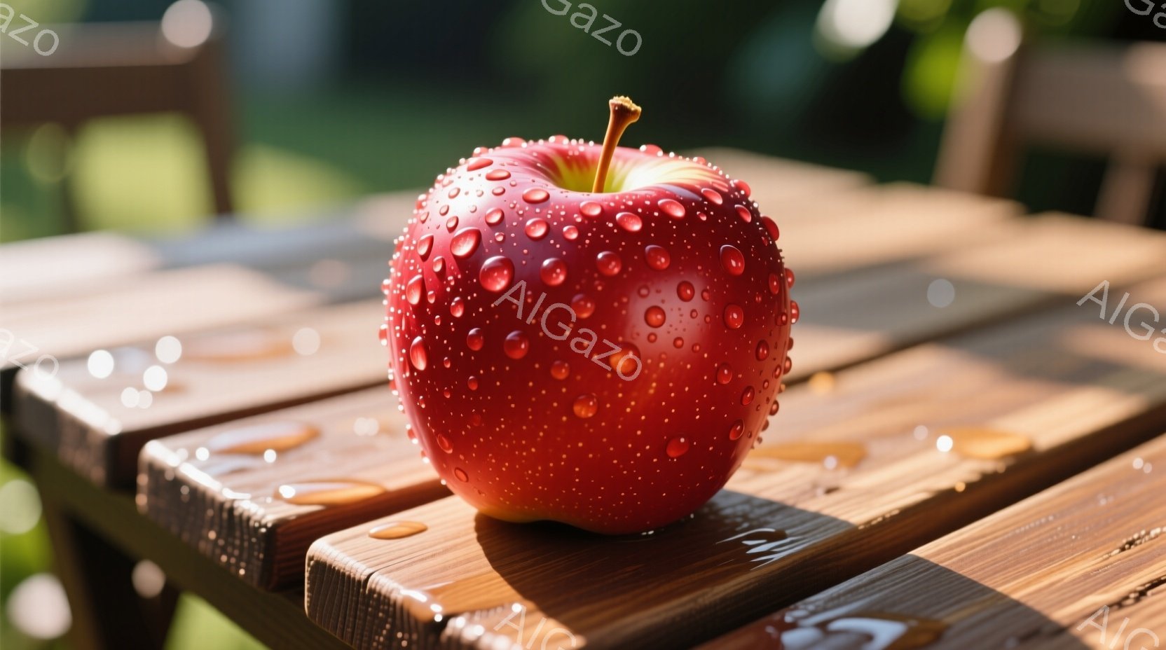 赤く熟したリンゴが、水滴で覆われた木製のテーブルの上に置かれています。 テーブルは屋外にあり、ぼやけた緑の背景と日差しが暖かく、少し湿った夏の日の雰囲気を醸し出しています。 リンゴの鮮やかな赤色は、木製のテーブルの茶色とコントラストをなし、視覚的な魅力を高めています。