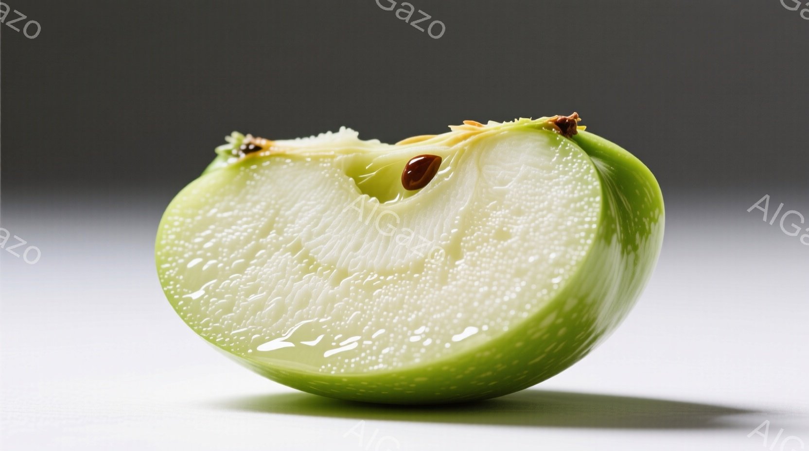 鮮やかな緑色のりんごが半分に食べかけで写っています。りんごの断面は白っぽく、種が一つだけ見えます。背景はグレーで、影が薄く落ちており、りんごが中心に注目されている印象を与えます。