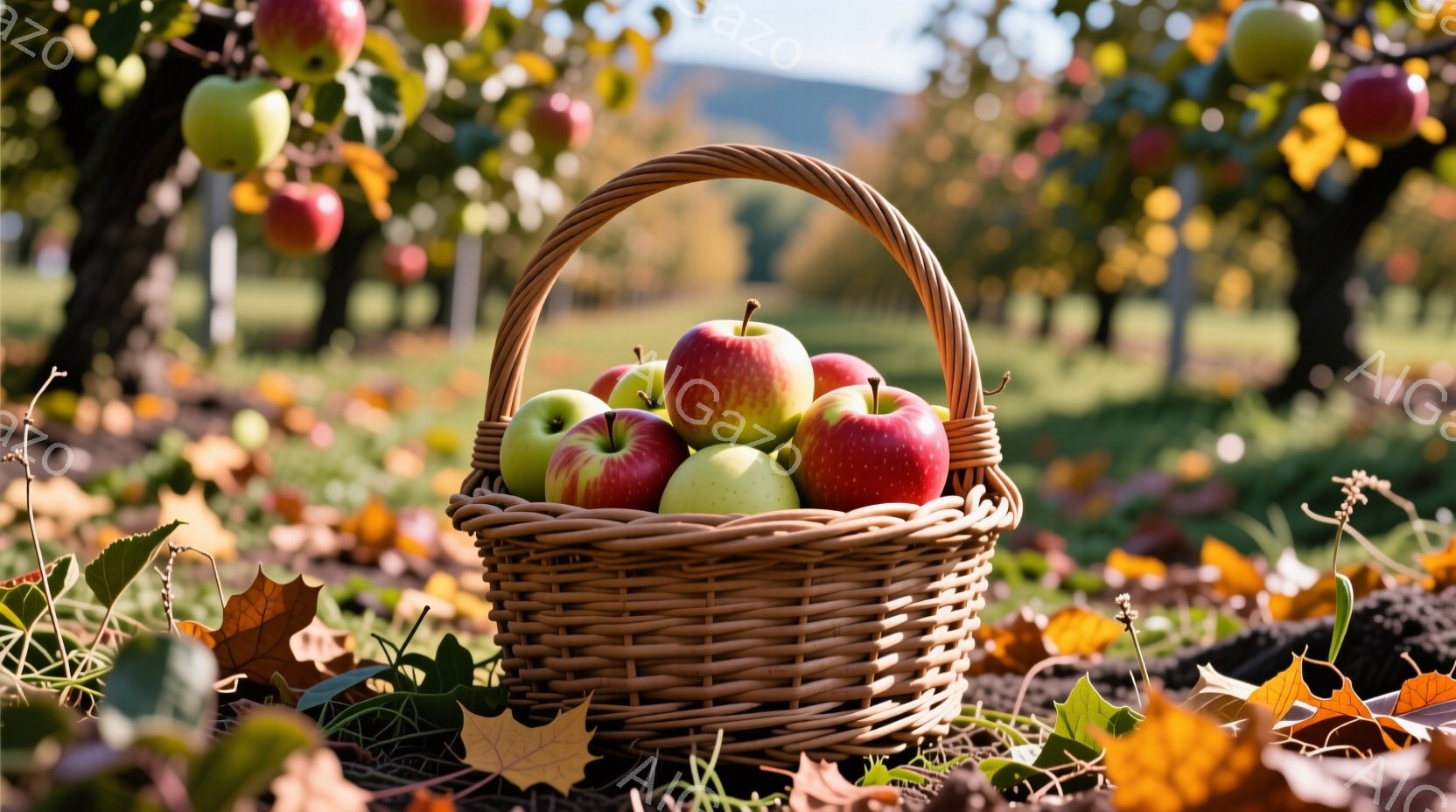 籠の中に赤いリンゴと緑のリンゴがたっぷり詰まっており、周囲には落ち葉が散らばっている。背景にはリンゴの木が並び、柔らかい光が差し込み、秋の収穫の雰囲気が漂っている。全体的に暖かく、穏やかな印象を与える - AI生成フリー素材