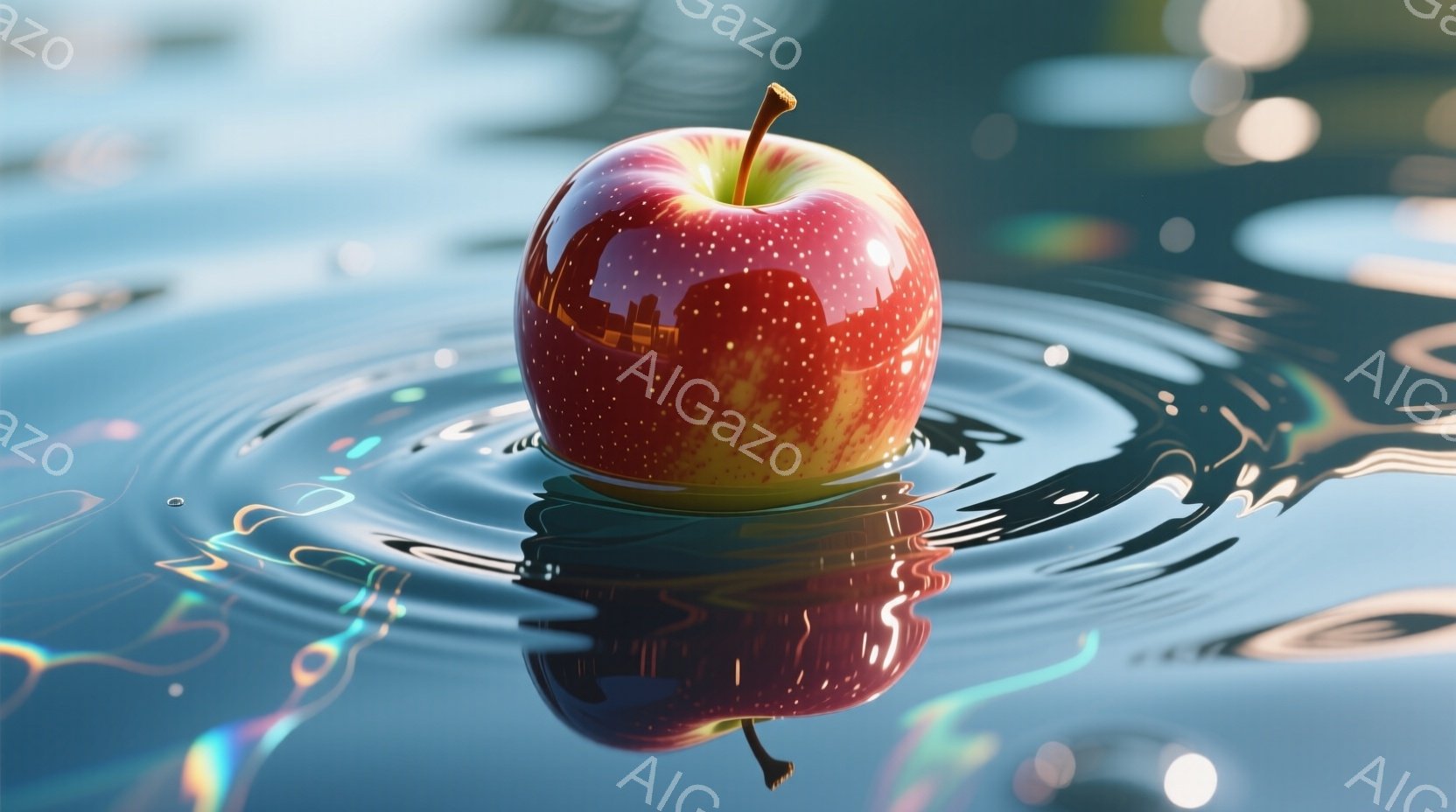 真っ赤なリンゴが水面に浮かび、周囲には同心円状の波紋が広がっています。リンゴの表面は光沢があり、水面にはリンゴの鮮やかな赤色が反射して、幻想的な雰囲気を醸し出しています。背景はぼやけており、光の反射が水面に虹色の模様を作り出しています。