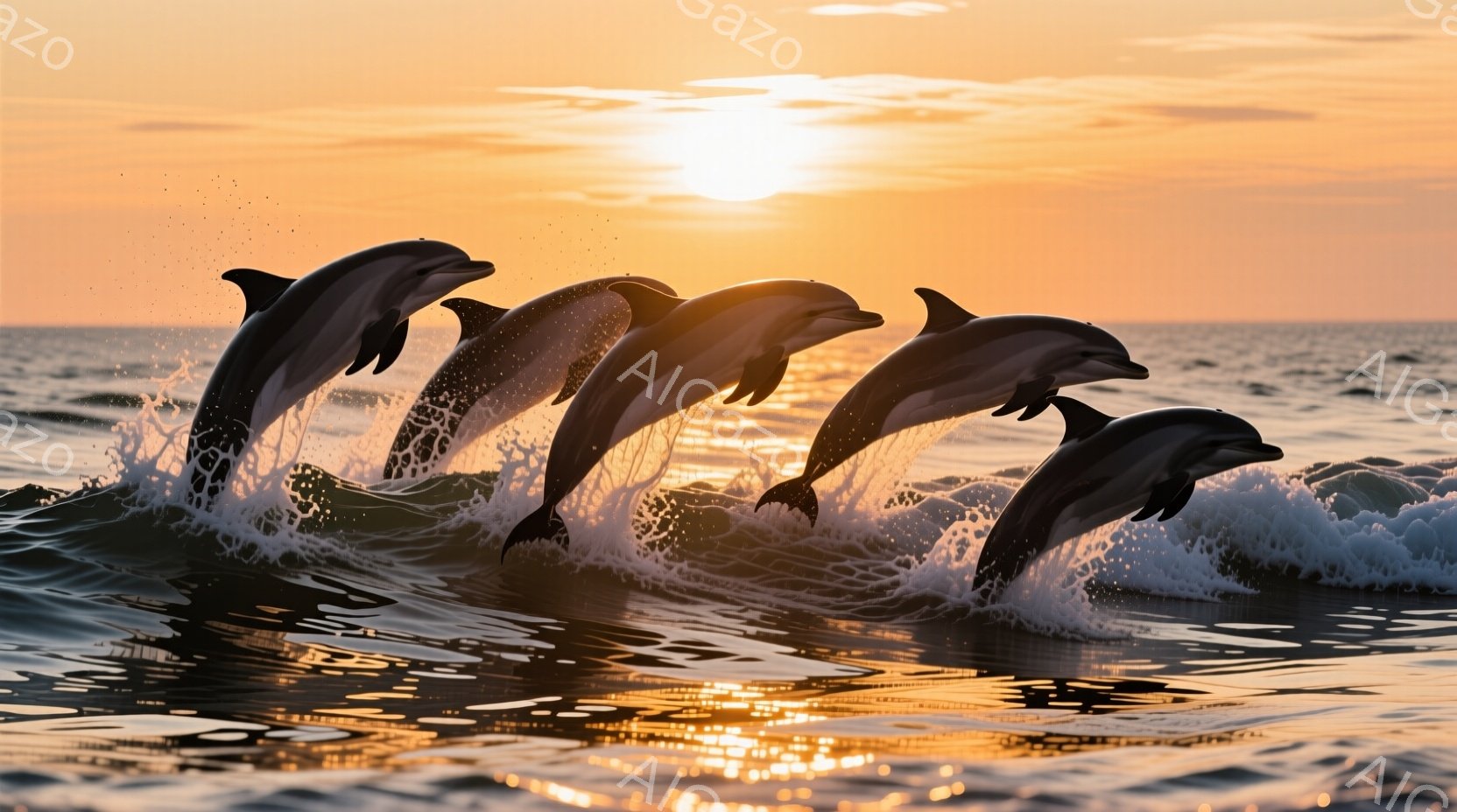 太陽が沈む夕焼けを背景に、イルカたちが波から飛び跳ねる様子が捉えられています。波は白く泡立ち、イルカの滑らかな体躯と躍動感のある姿勢が際立っています。穏やかで温かい光が海面を照らし、平和で希望に満ちた - AI生成フリー素材
