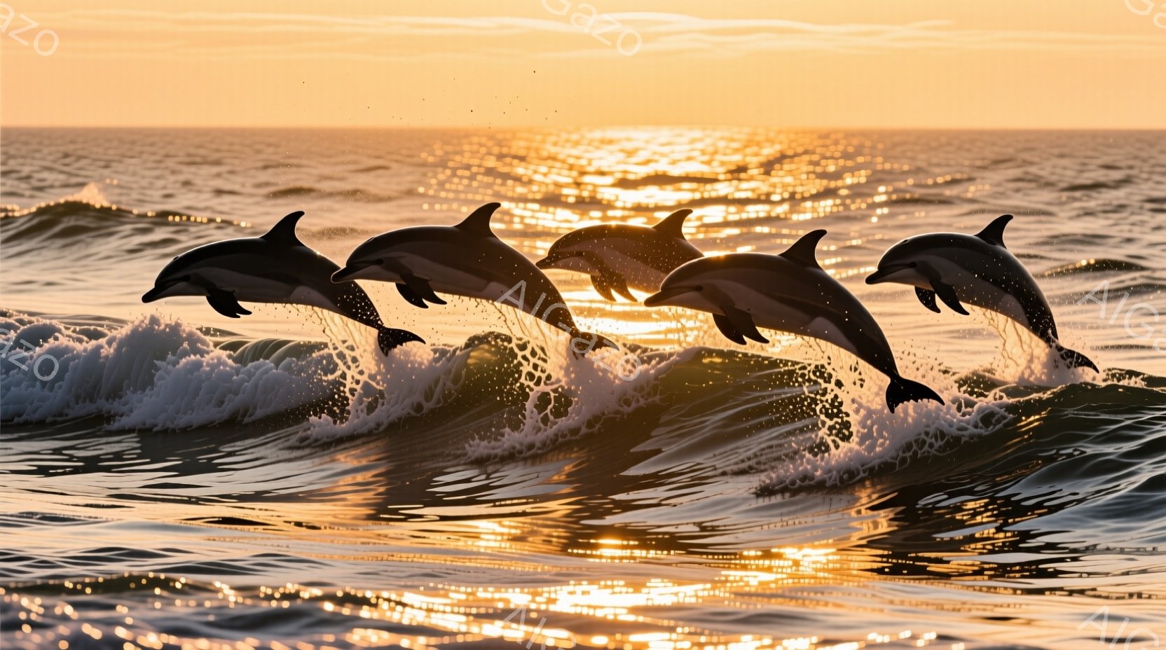 鮮やかな夕焼けを背景に、５匹のイルカが波の上を飛び跳ねている様子が捉えられています。波は白く泡立ち、イルカの躍動感を引き立てています。夕焼けのオレンジ色が海面を照らし、穏やかで力強い雰囲気を醸し出しています。