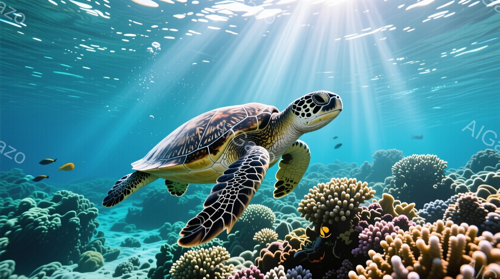 鮮やかなターコイズブルーの海中には、甲羅に美しい模様が描かれた大型のウミガメが悠々と泳いでいる。珊瑚礁が広がり、カラフルな魚たちがその周りを泳ぎ、太陽の光が水面から差し込み、幻想的な雰囲気を醸し出している。水中の光の筋が、まるでスポットライトのようにウミガメを照らし出し、生命力溢れる海底世界を強調している。