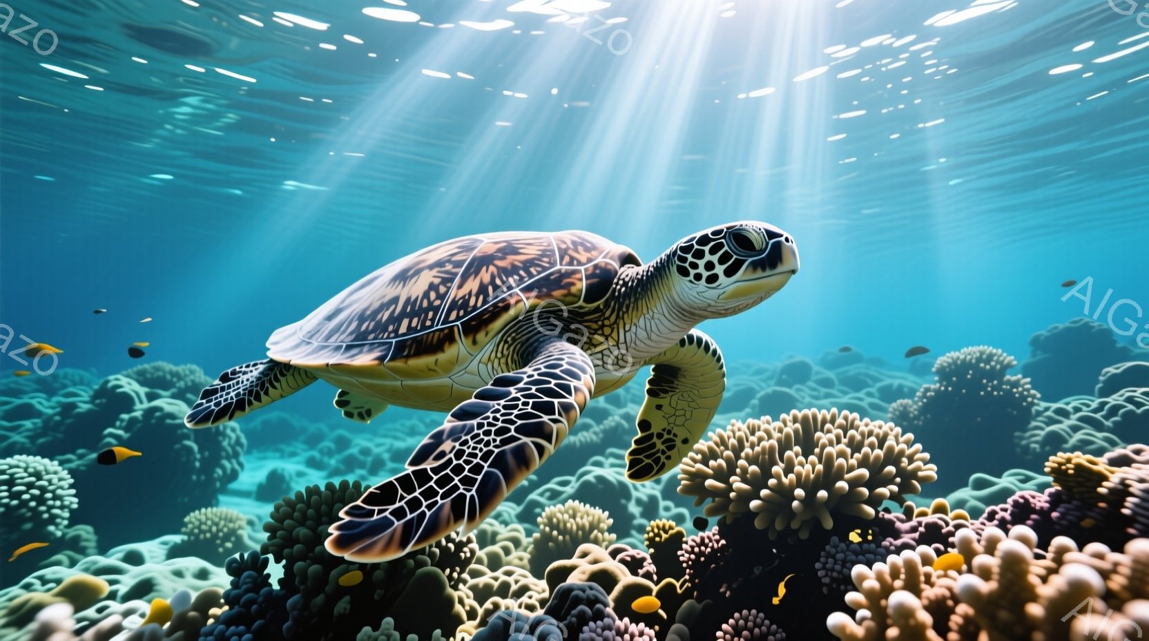 青い海中を、甲羅に美しい模様が入ったウミガメが悠々と泳いでいる。周囲には色とりどりのサンゴ礁が広がり、小さな熱帯魚が点在している。光が差し込み、水中の世界を明るく照らし出し、穏やかで幻想的な雰囲気を醸し出している。