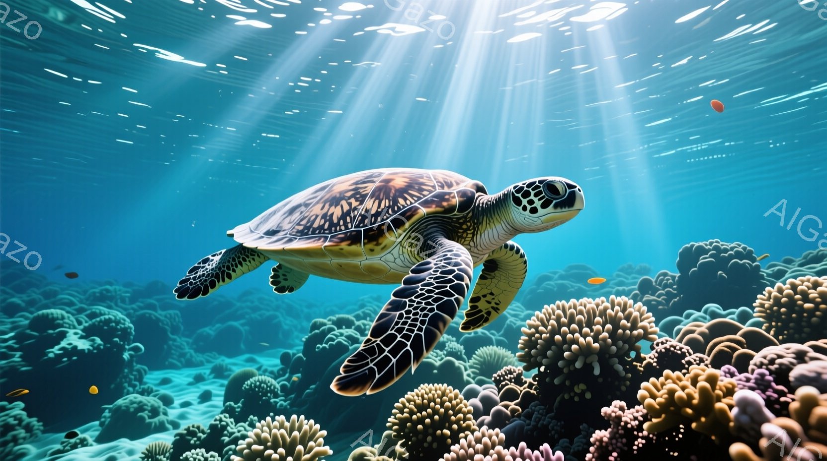鮮やかな青い海の中で、甲羅に美しい模様が入ったウミガメが悠々と泳いでいる。周囲には色とりどりのサンゴ礁が広がり、小さな魚が点在している様子から、穏やかで生命力溢れる海洋環境が表現されている。光線が水面 - AI生成フリー素材