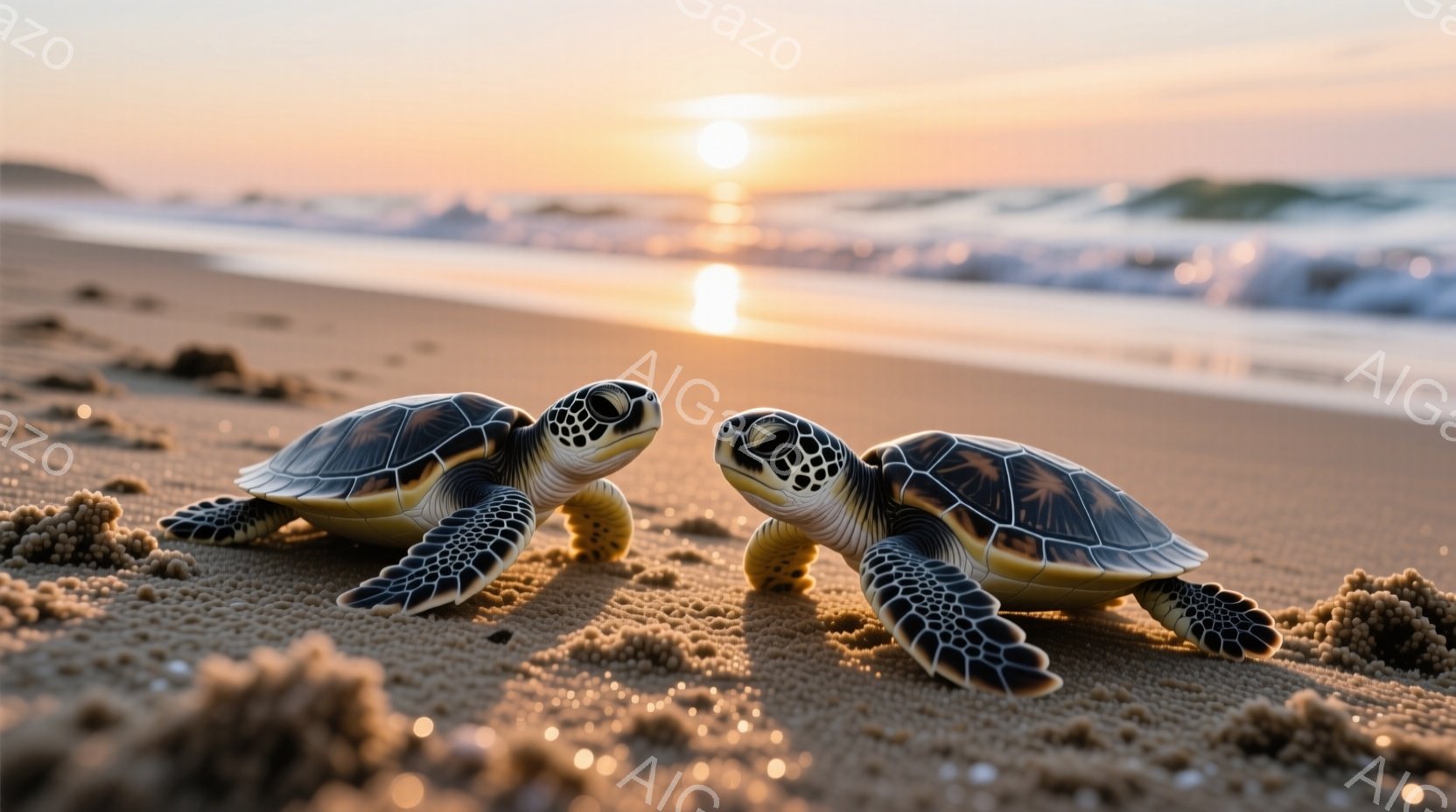 砂浜に2匹の幼いウミガメが並んで歩いている様子が捉えられています。夕焼けのオレンジ色の光が砂浜を照らし、穏やかで暖かい雰囲気を醸し出しています。ウミガメたちは互いに少し向き合いながら、海へと向かうように歩き出そうとしているようです。