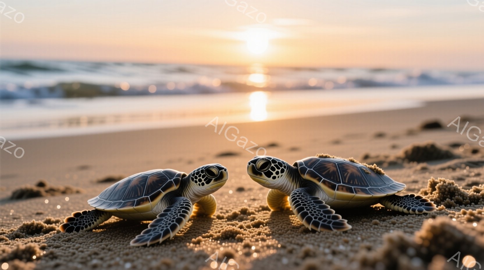 砂浜の上に二匹の幼いウミガメが並んでおり、互いに向き合っている。夕焼けの光が反射した砂浜は黄金色で、穏やかな波が背景に見える。全体的に、温かく穏やかな雰囲気で、生命の誕生や希望を感じさせる。
