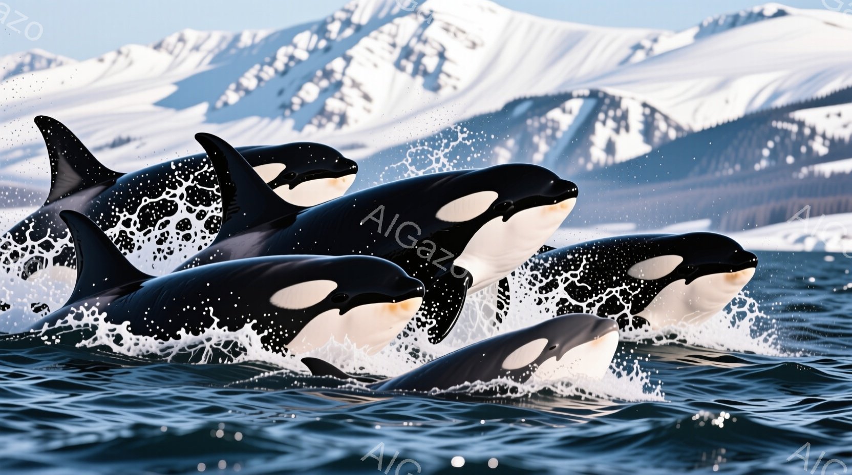 黒と白のシャチが、波しぶきを上げながら海中を勢いよく泳いでいる様子が捉えられています。背景には雪を頂いた山々が広がり、冷たく厳しい自然環境が表現されています。全体的に躍動感があり、力強く美しい海の生き物たちの姿が印象的です。