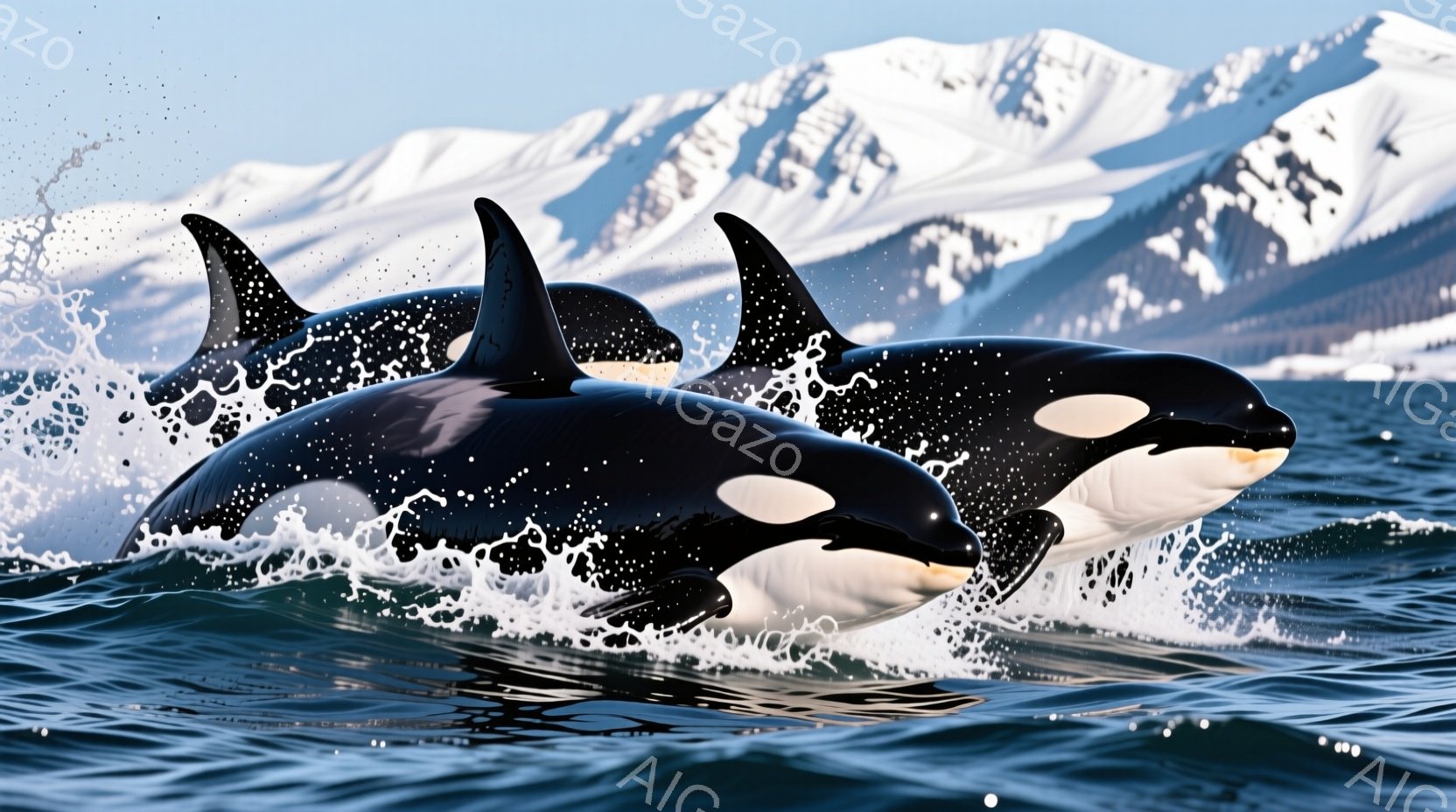 鮮やかな青い海を、３頭のシャチが躍動的に泳いでいる様子が捉えられています。波しぶきを上げながら水面から飛び出し、黒と白のコントラストが美しい姿は力強く、躍動感に満ちています。背景には雪を抱いた山々が広がり、冷たく澄んだ空気を感じさせる壮大な自然が広がっています。