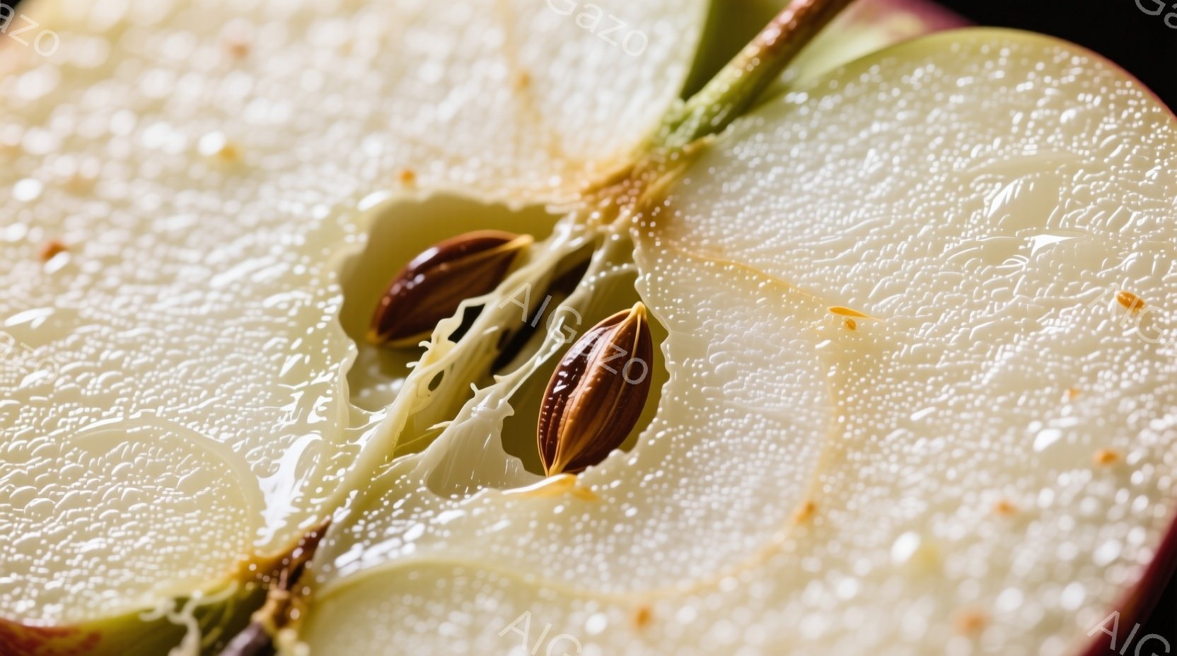 りんごの断面が写っており、種子が2つ、繊維質の中心に露出しているのが見られます。果肉は白く、細かい粒状のテクスチャを持ち、わずかに赤みがかった皮とのコントラストが美しいです。全体的に光沢があり、新鮮でみずみずしい印象を与えます。